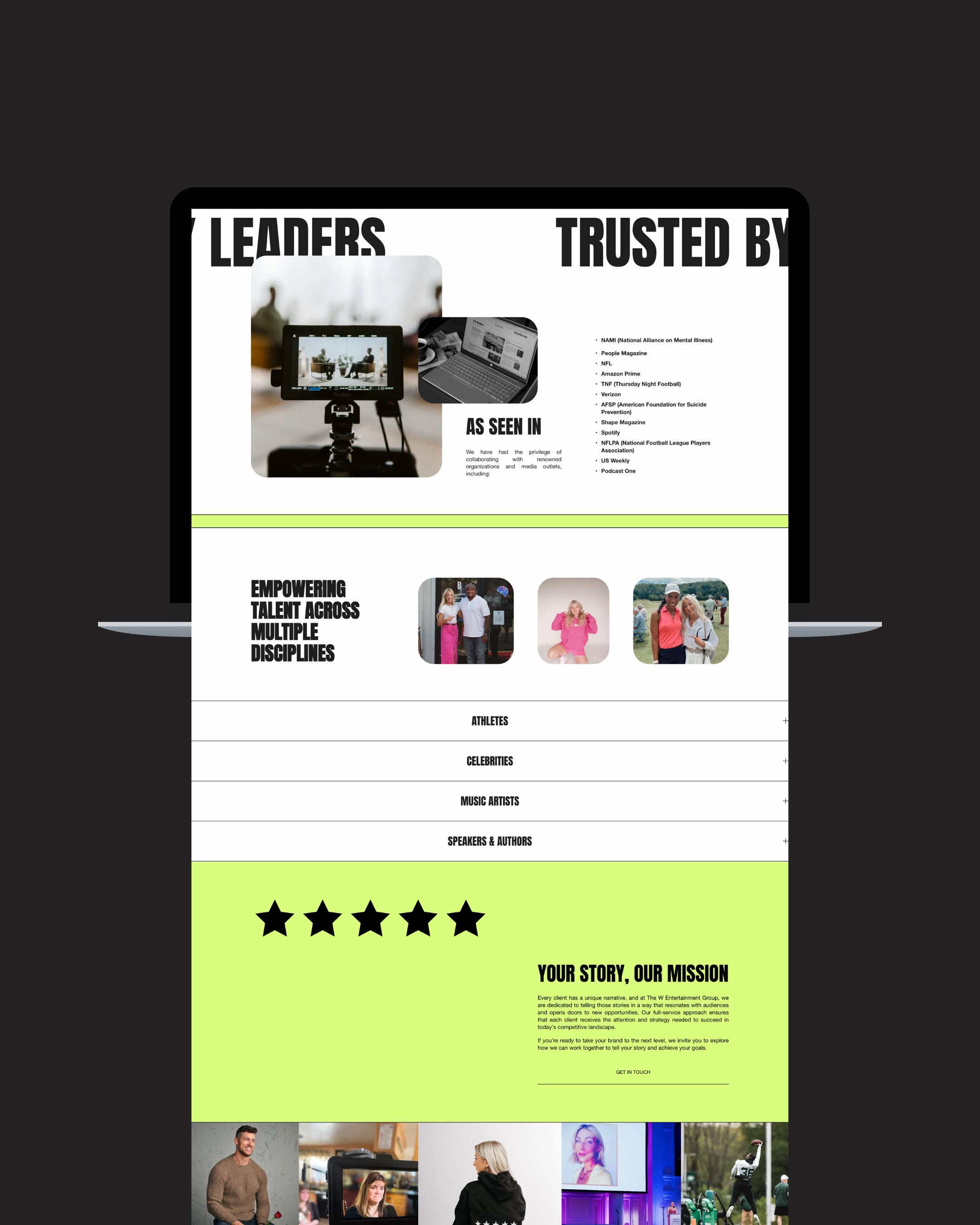 A website homepage layout with sections highlighting leaders trusted by various organizations, images of diverse people, and a green section with a five-star rating and a mission statement.