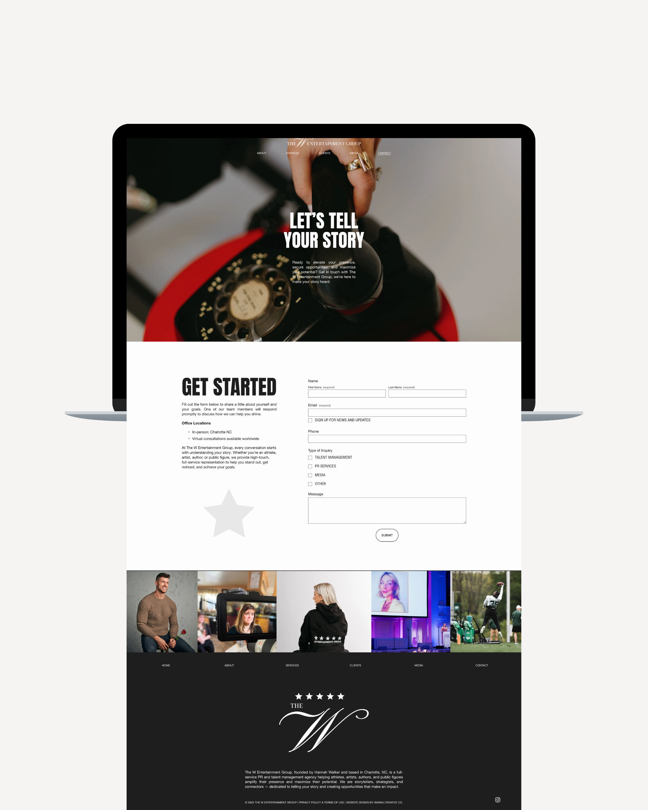 Two website screenshots, one with a retro telephone and the text 'Let's tell your story', the other with headshots of diverse people and a quote about storytelling.