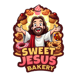 Cartoon Jesus with open arms surrounded by assorted donuts and baked goods, advertising Sweet Jesus Bakery.