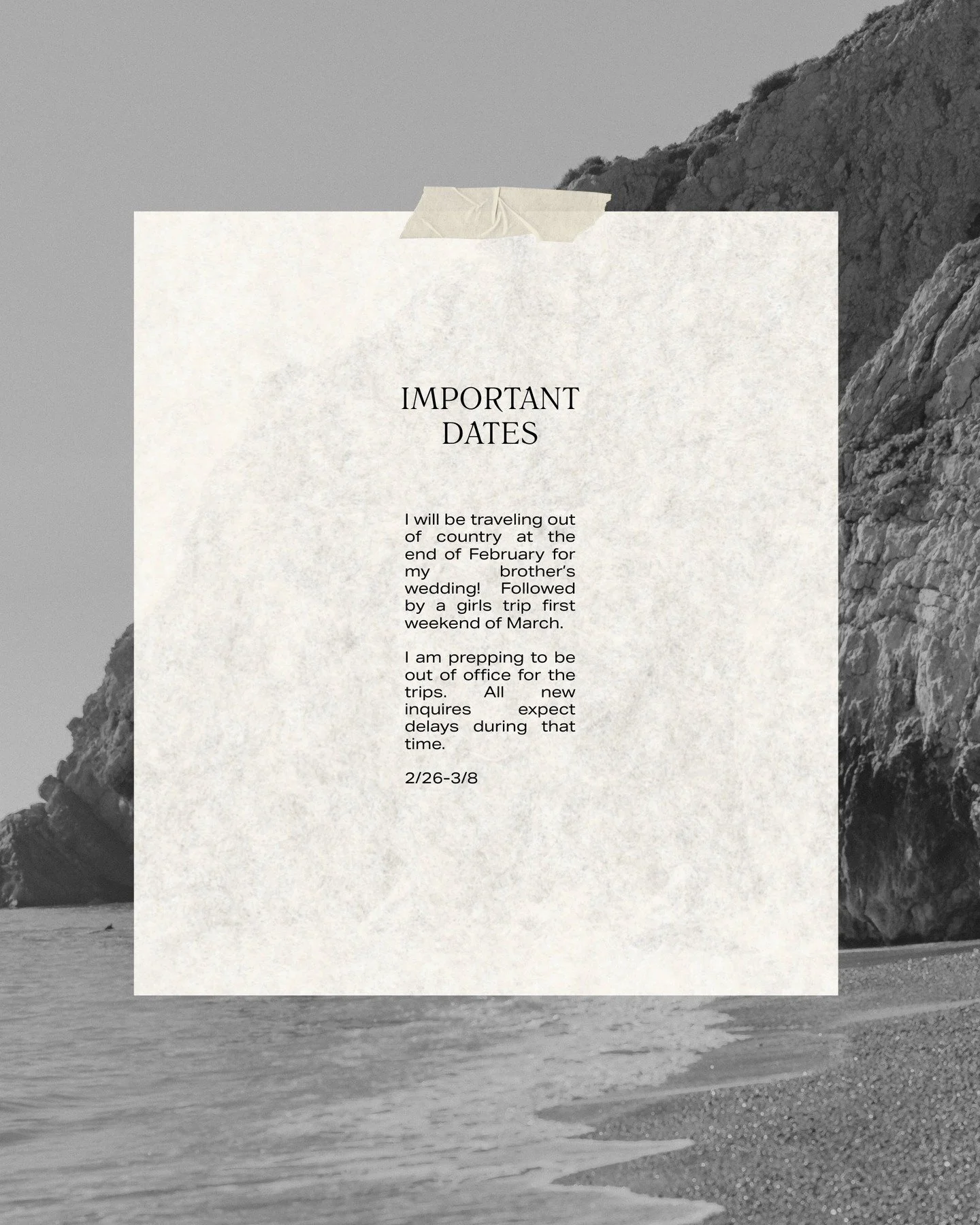 UPCOMING: Out of Office ✈️🤍

I&rsquo;ll be traveling out of the country at the end of February for my brother&rsquo;s wedding (so special 🥹), followed by a girls trip the first weekend of April.

I&rsquo;m currently prepping ahead of time so everyt