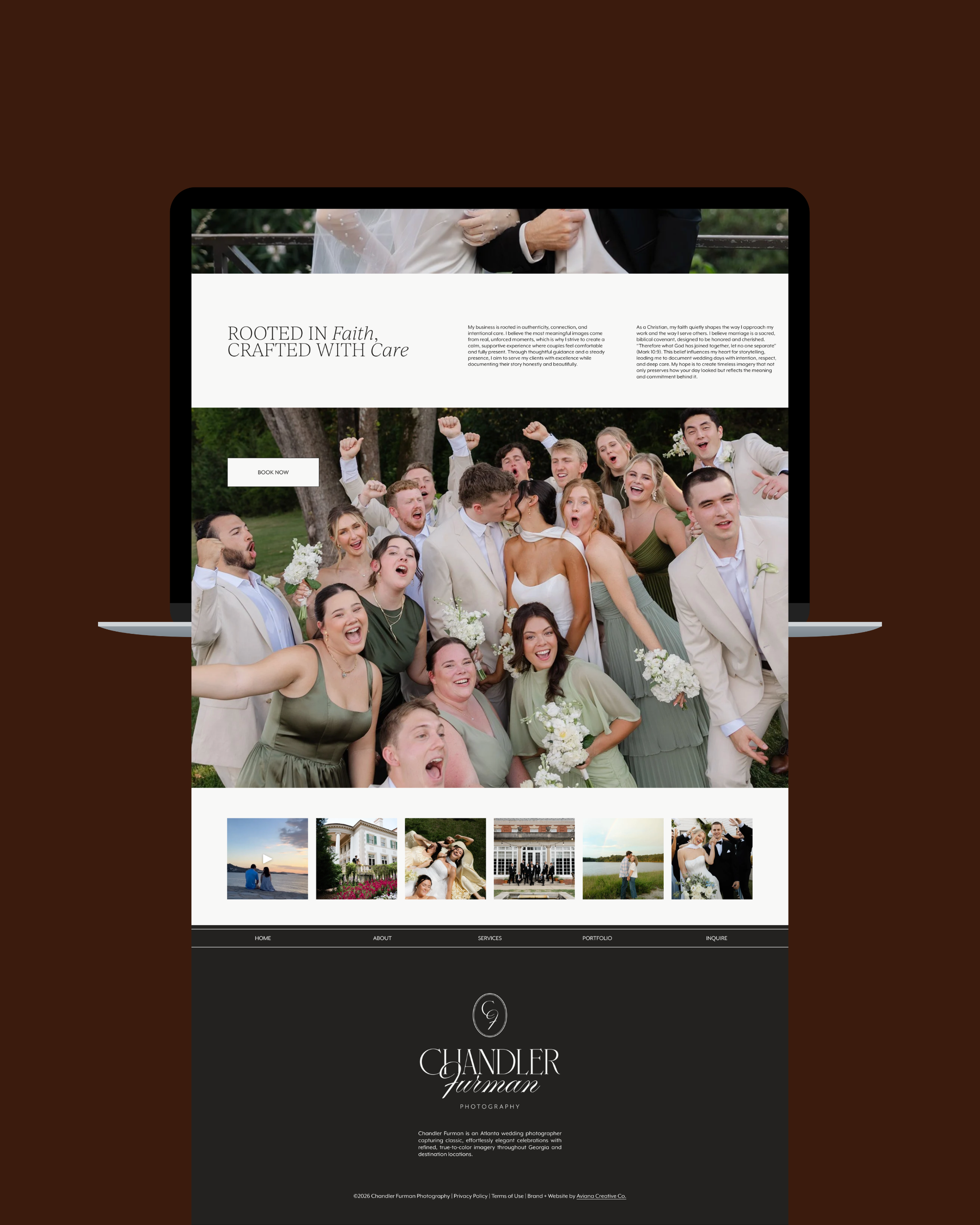 A webpage featuring wedding photography. The top shows a header with a bride and groom holding hands, the middle has a large group of wedding guests celebrating outdoors, and the bottom contains navigation links, a logo, and a brief photographer biography.