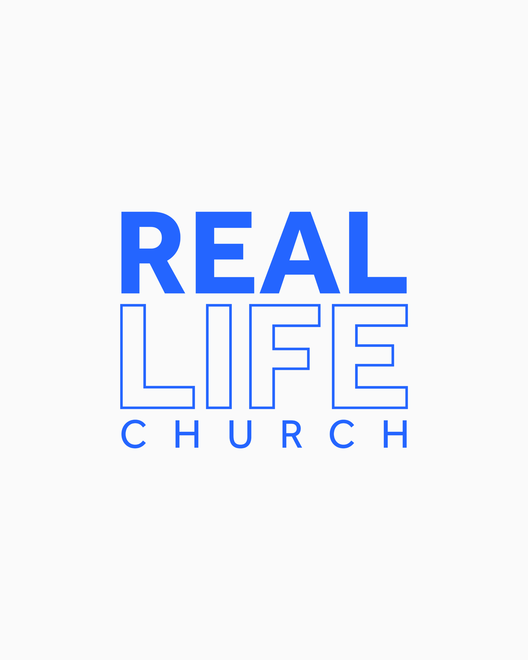 Logo with the words 'REAL LIFE CHURCH' in blue, with 'REAL' in bold uppercase and 'LIFE CHURCH' in outlined letters beneath.