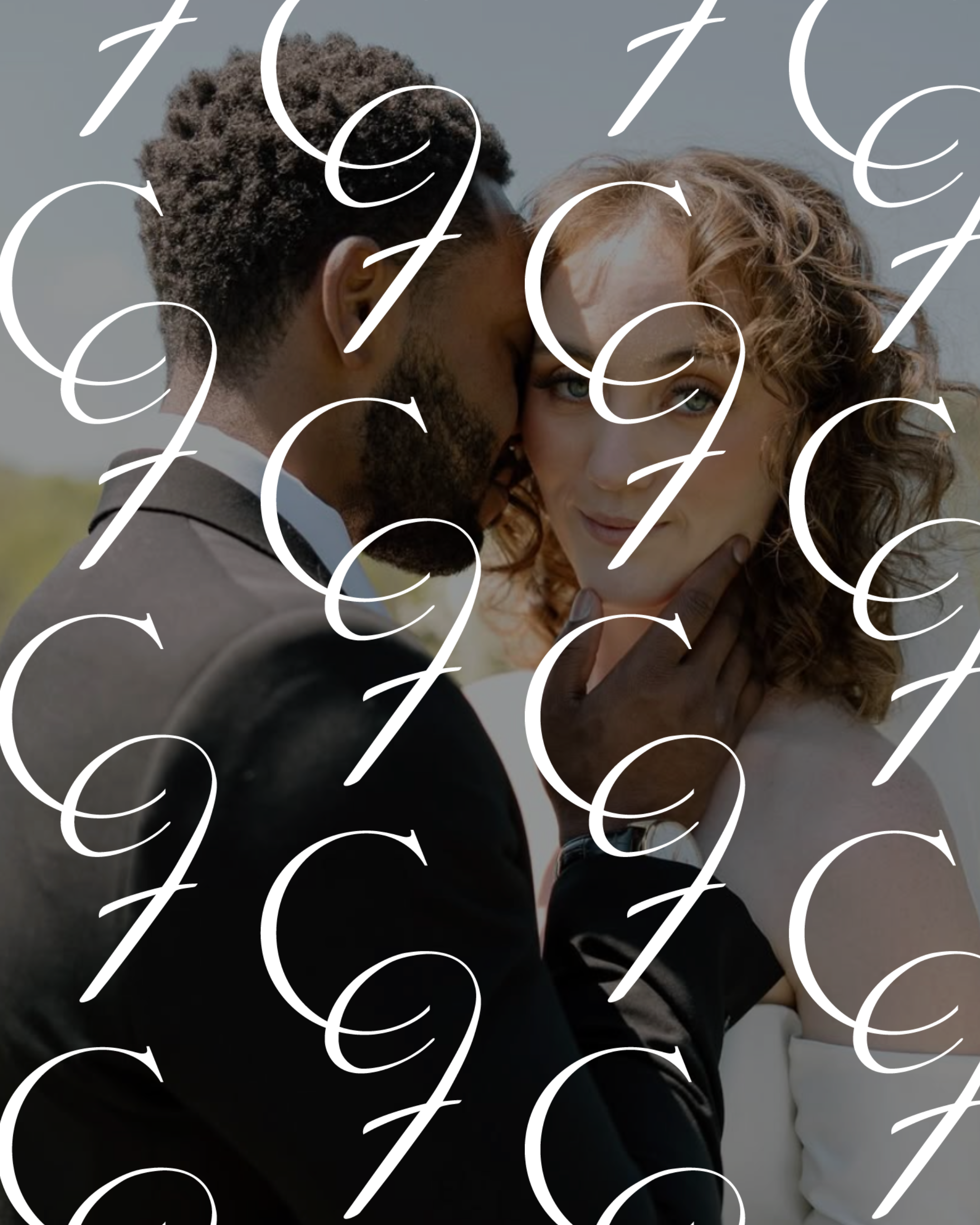 A couple embracing outdoors, with the man gently holding the woman's face as they look into each other's eyes, partly obscured by large white calligraphic numbers overlay.