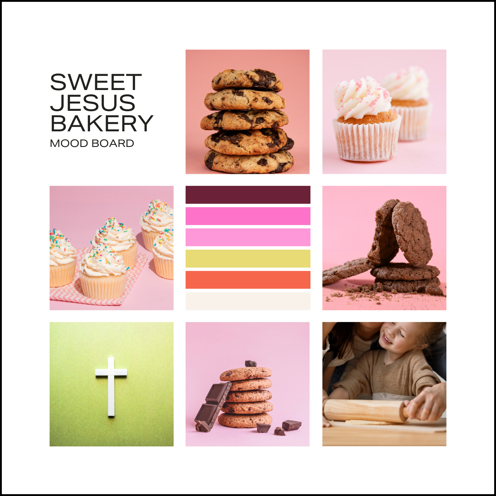 Color palette and collage of baked goods, religious symbol, and happy children