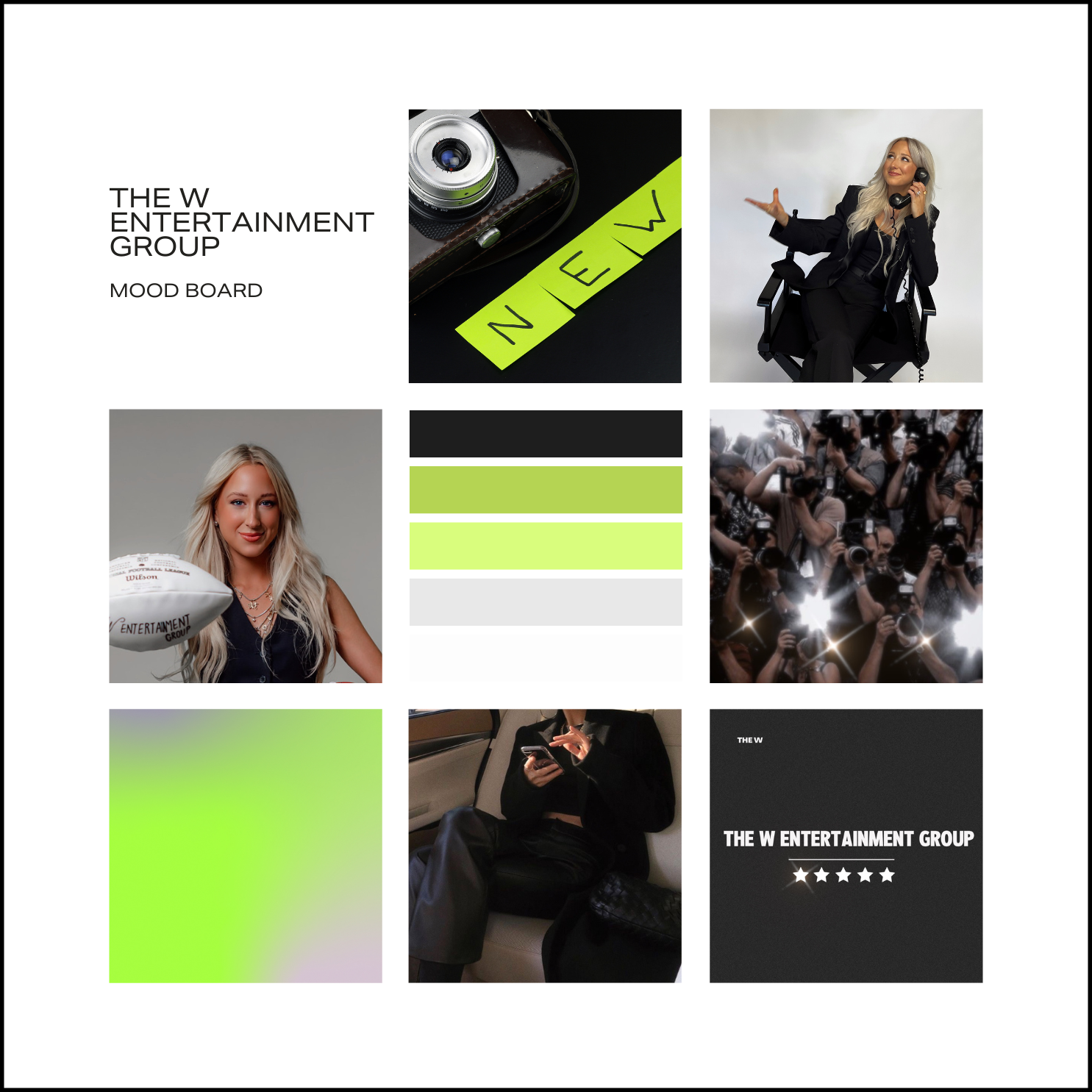 A mood board with images representing The W Entertainment Group, including a camera, a woman with blonde hair speaking on a telephone, a woman holding an entertainment group ball, a crowd of photographers taking pictures at an event, and two blank colored panels.