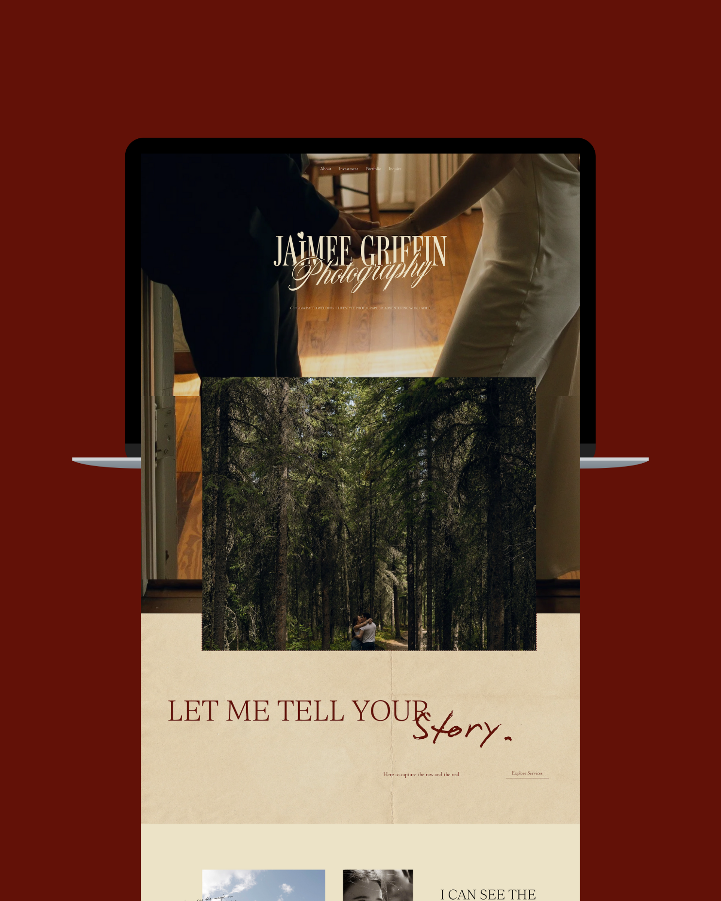 A website homepage for Jaimee Griffen Photography featuring images of a couple dancing, a forest scene with a couple, and text that says "Let me tell your story."