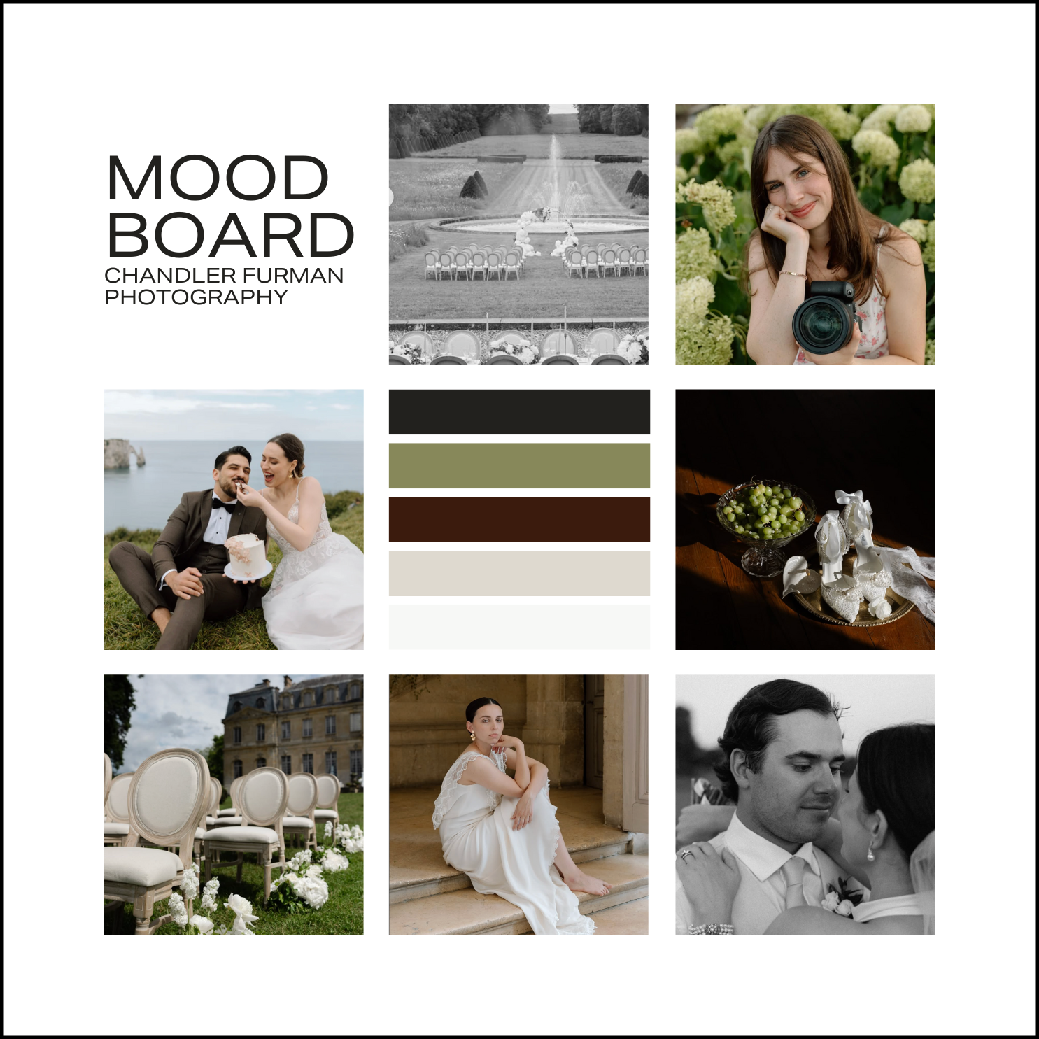 A mood board with images related to wedding photography, including a wedding ceremony setup, a portrait of a woman with a camera, a bride and groom outdoors, a display of wedding shoes and grapes, empty chairs decorated with flowers, a seated woman in a white dress, and a close-up of a couple during their wedding.
