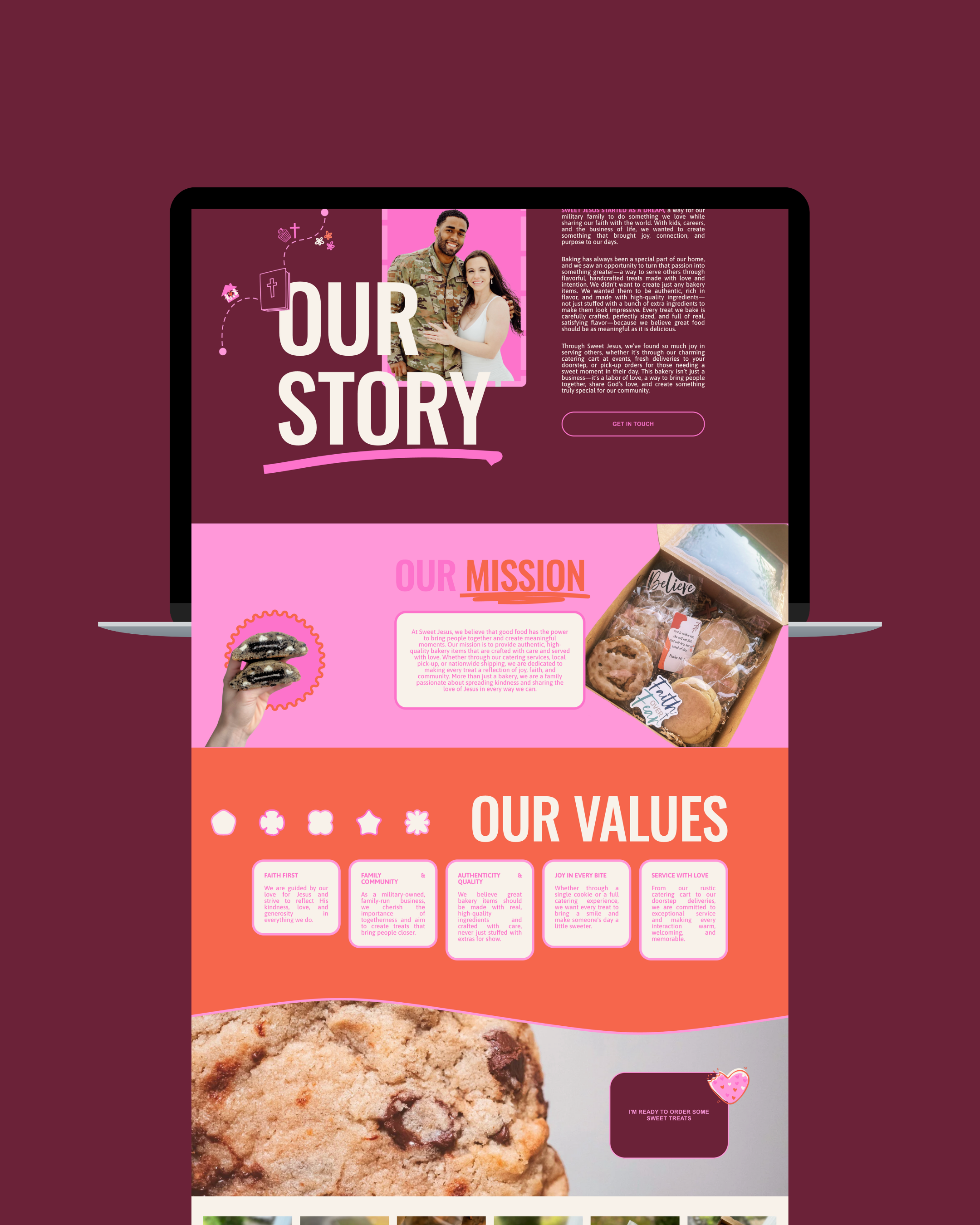 A webpage with a pink background and various sections about a bakery or dessert business. The top section features the words 'OUR STORY' with a photo of a man in military uniform and a woman smiling. Below are sections titled 'OUR MISSION' and 'OUR VALUES' with textboxes describing their commitments, and images of cookies and baked goods.