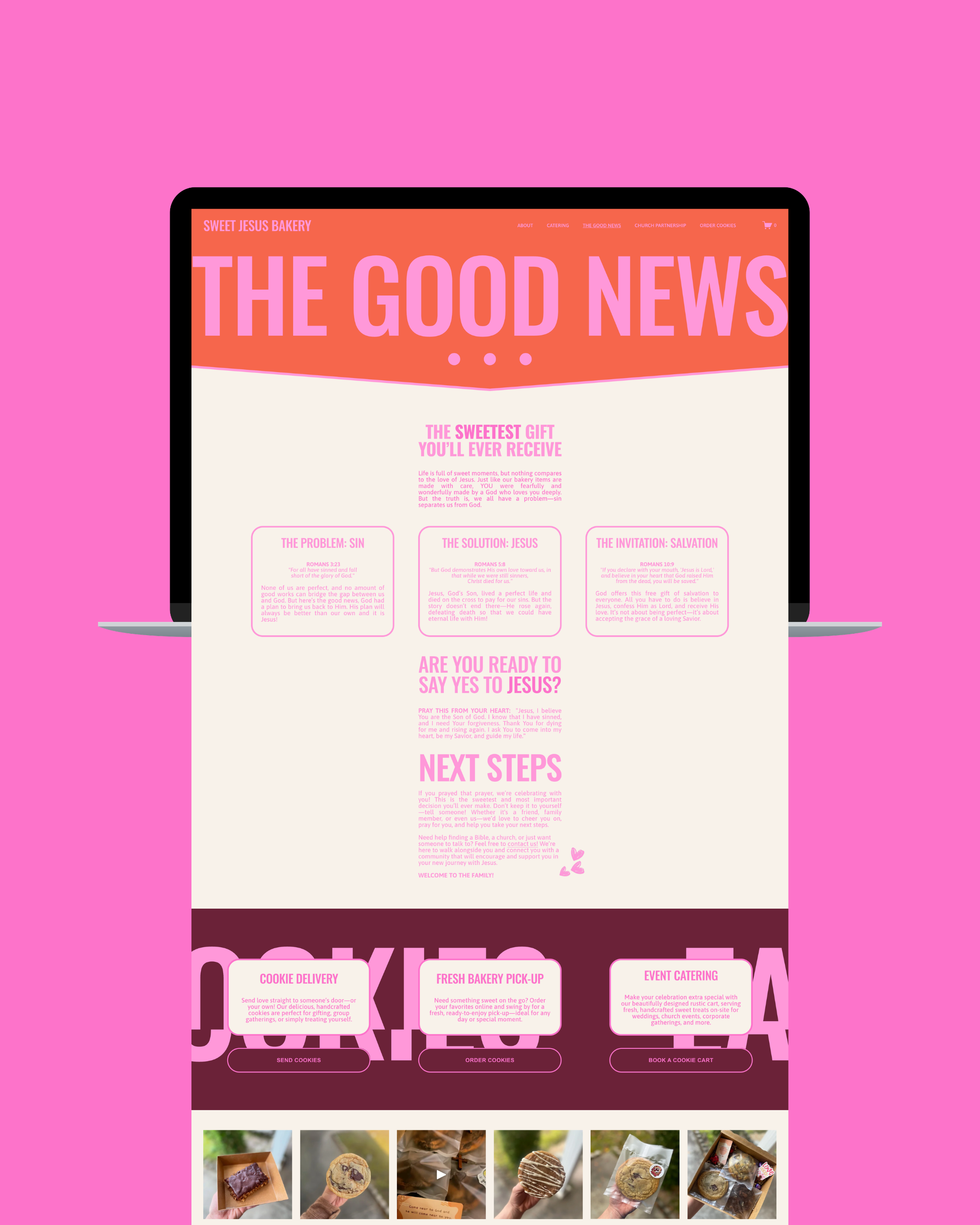 Screenshot of a bakery website with a pink background, showing the homepage titled 'The Good News' with sections about sweet gifts, problem of sin, solution in Jesus, invitation to salvation, and next steps. The page features images of baked goods at the bottom.