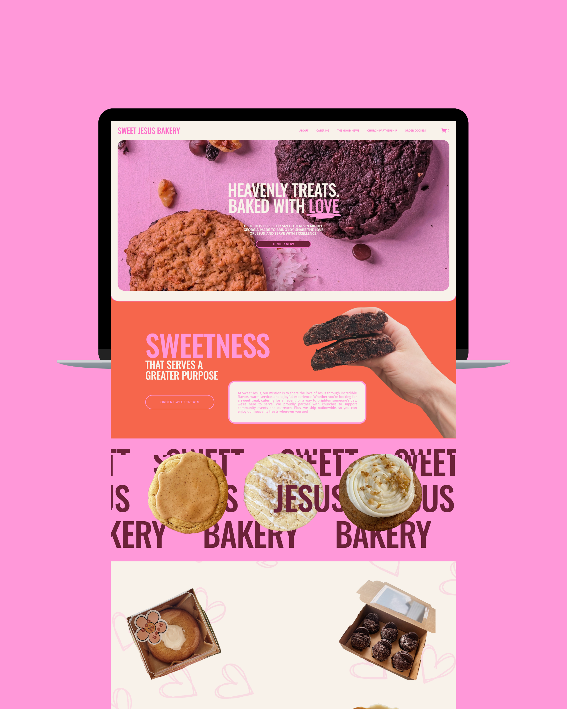 Website screenshot of Sweet Jesus Bakery featuring various baked goods including cookies, brownies, and cupcakes on pink background with text emphasizing love and sweetness.