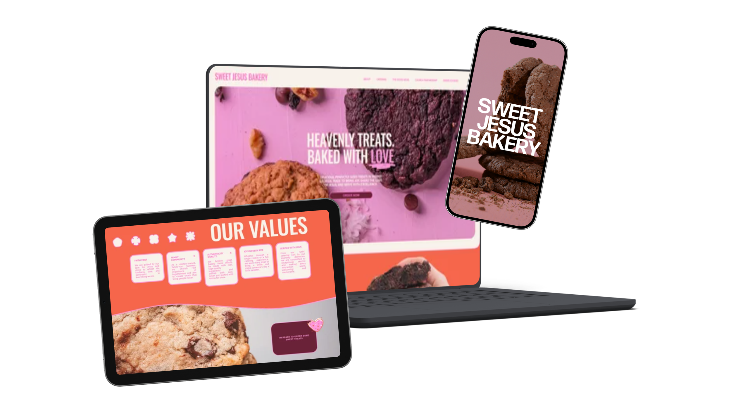 Multiple electronic devices displaying a bakery website and menu, featuring images of cookies and baked treats on a pink background.