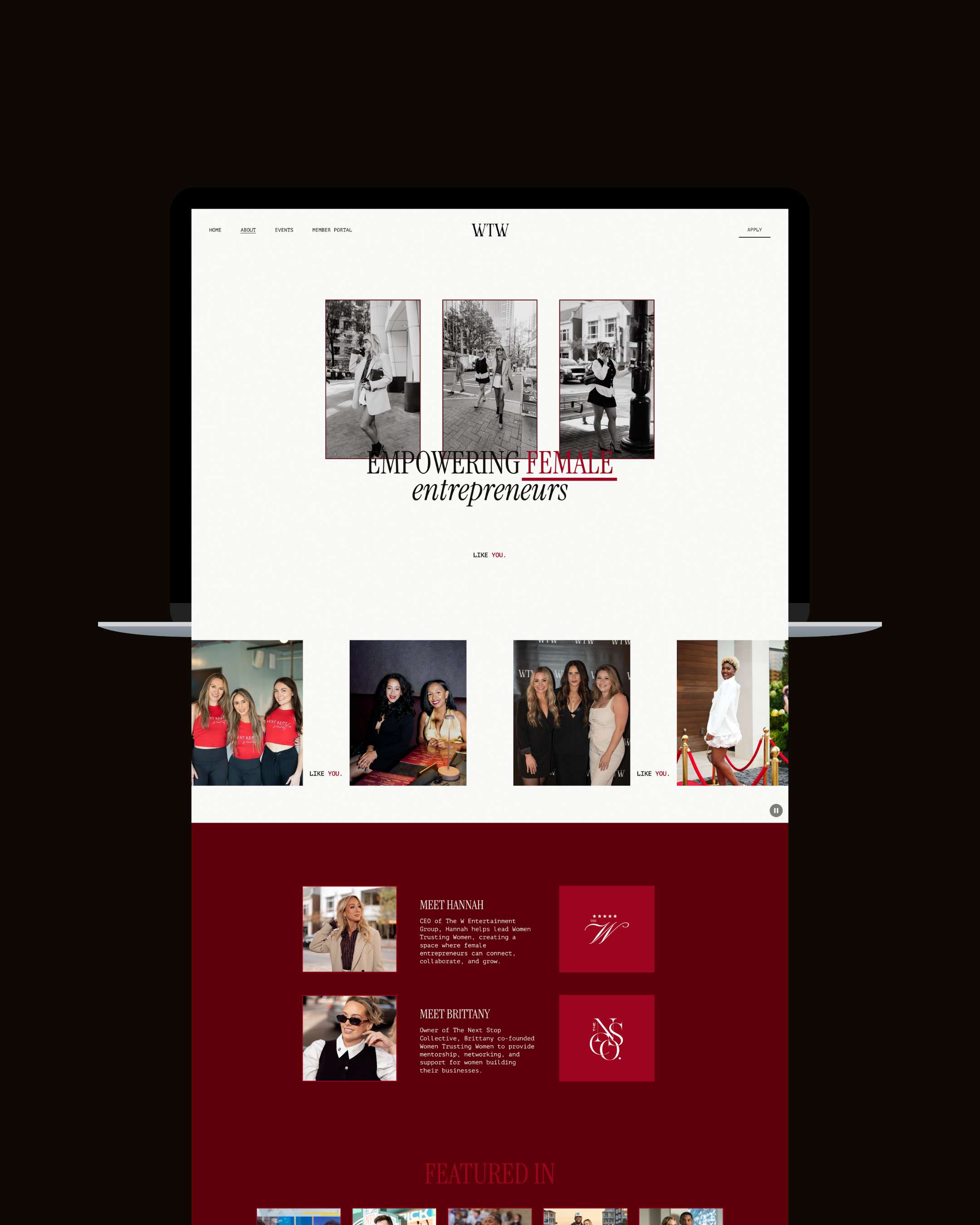 Screenshot of a website homepage featuring women entrepreneurs, with navigation menu, images of women, and sections about the group's mission and members.