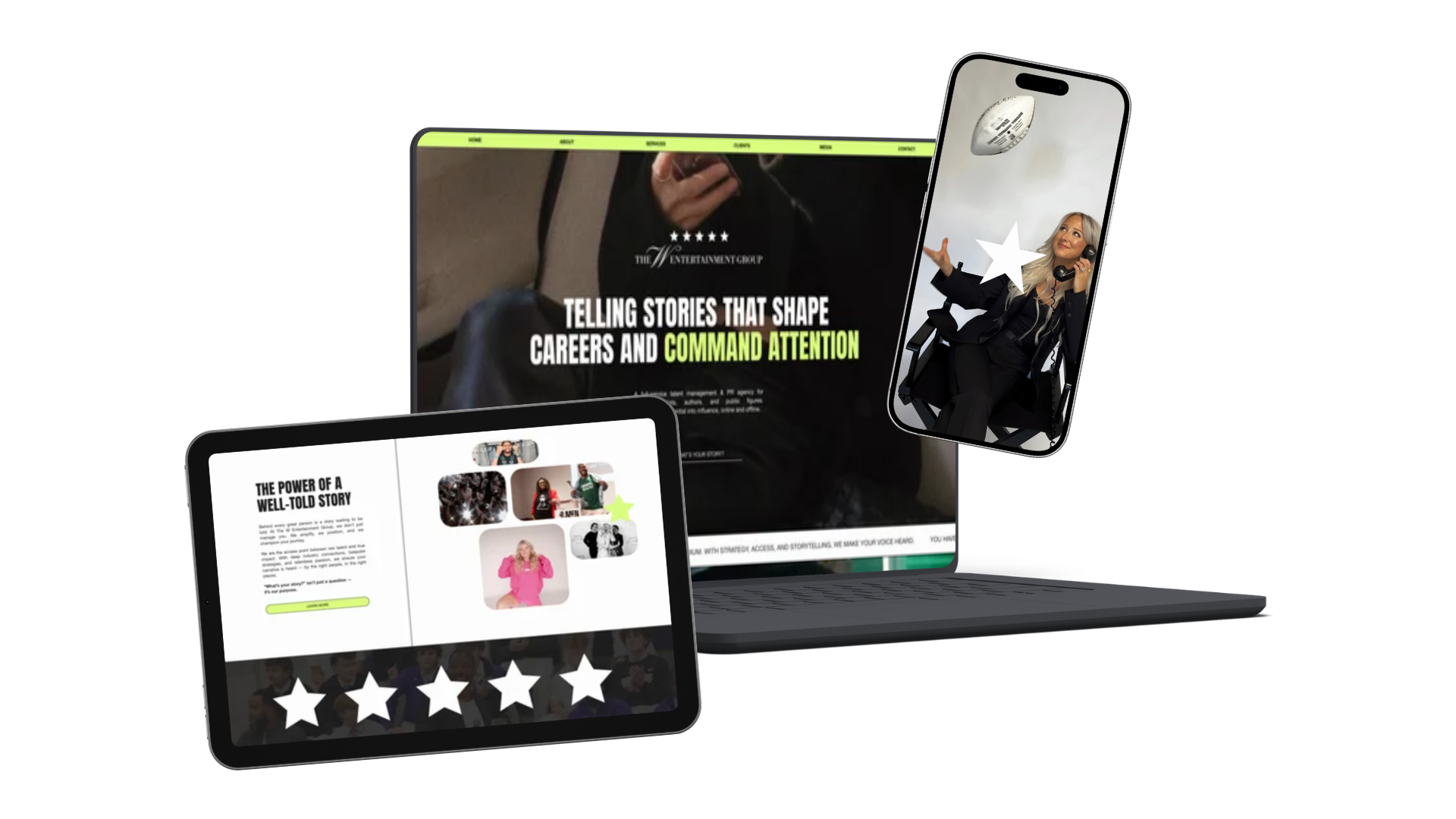 Digital devices displaying multimedia storytelling content, including a laptop, a tablet, and a smartphone, highlighting storytelling, careers, and audience engagement.