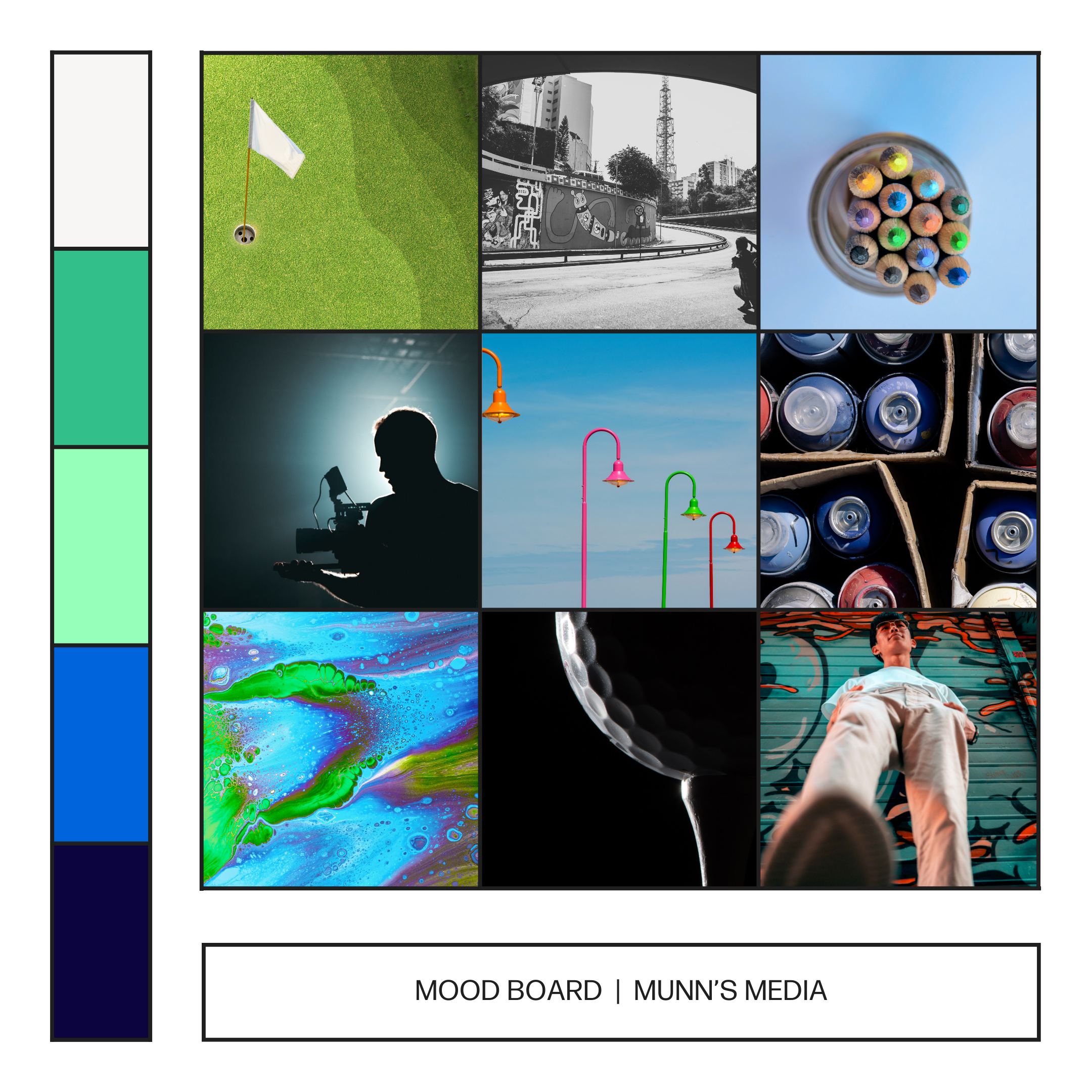 A mood board with colorful sections showcasing various images: a golf hole with a white flag on green grass, a black-and-white photo of a city street with graffiti, a close-up of colored pencils, a silhouette of a person with a phone, colorful street lamps, stacked soda cans, and an abstract swirl of vibrant colors.