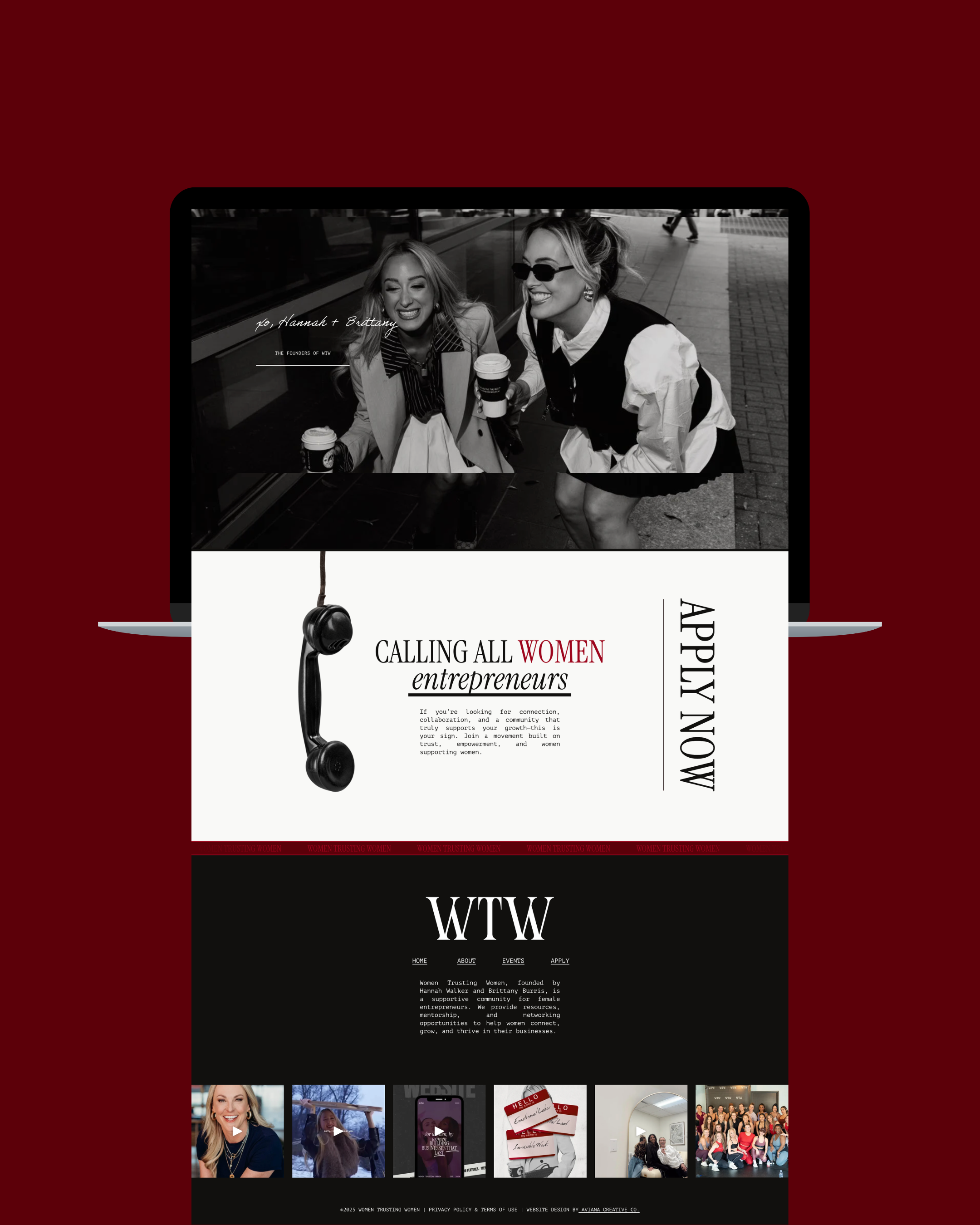 Homepage of Women Trusting Women website featuring a black and white photo of two women smiling and holding coffee cups, with the text "Calling all women entrepreneurs" and a header with the acronym WTWW, dark background, and a row of video thumbnails at the bottom.