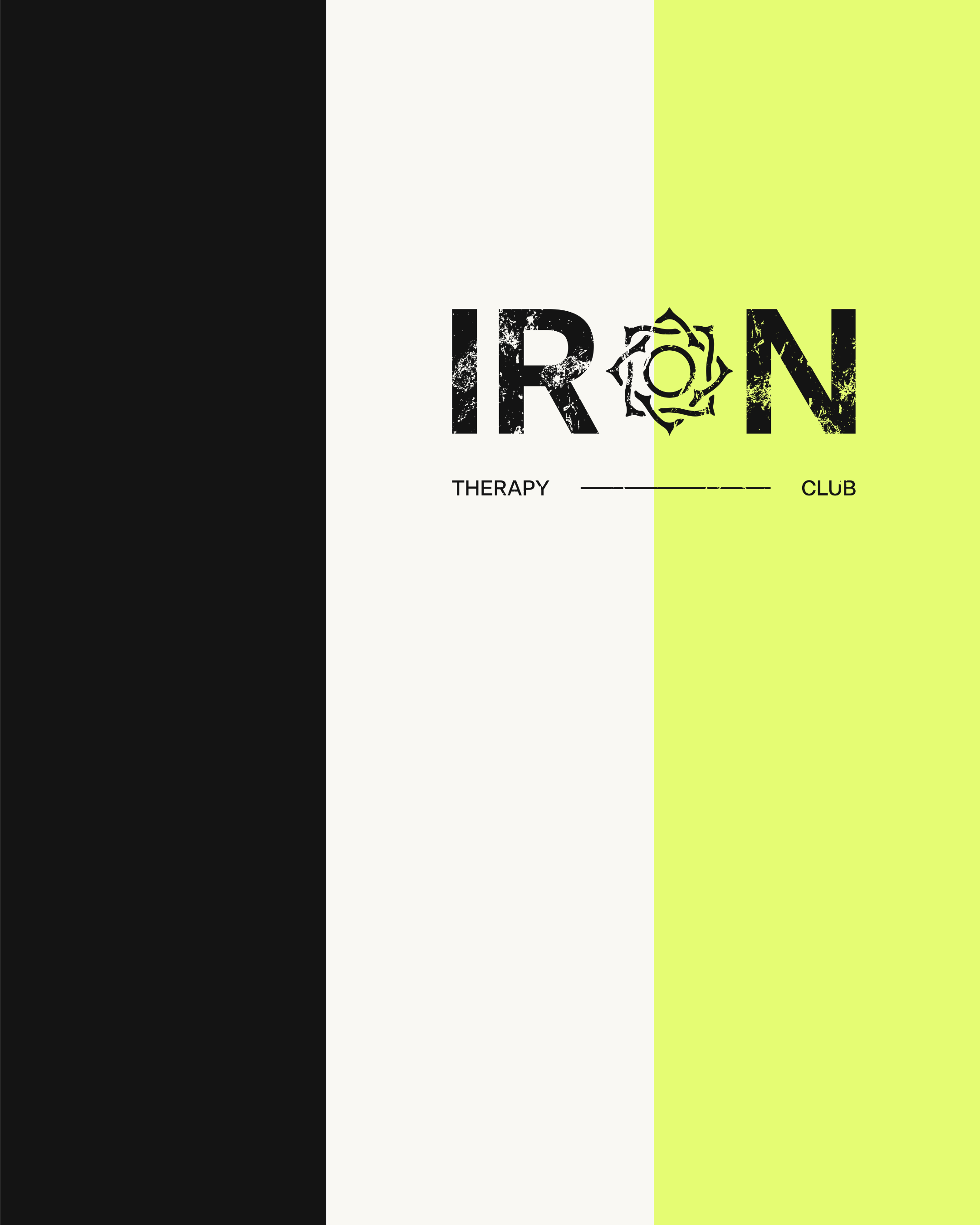 The image features a background with vertical stripes in black, white, and light yellow. The word 'IRON' is prominently displayed in large, black, distressed font in the center. Below the word 'IRON,' there is smaller text that reads 'THERAPY' on the left and 'CLUB' on the right, separated by a thin horizontal line.