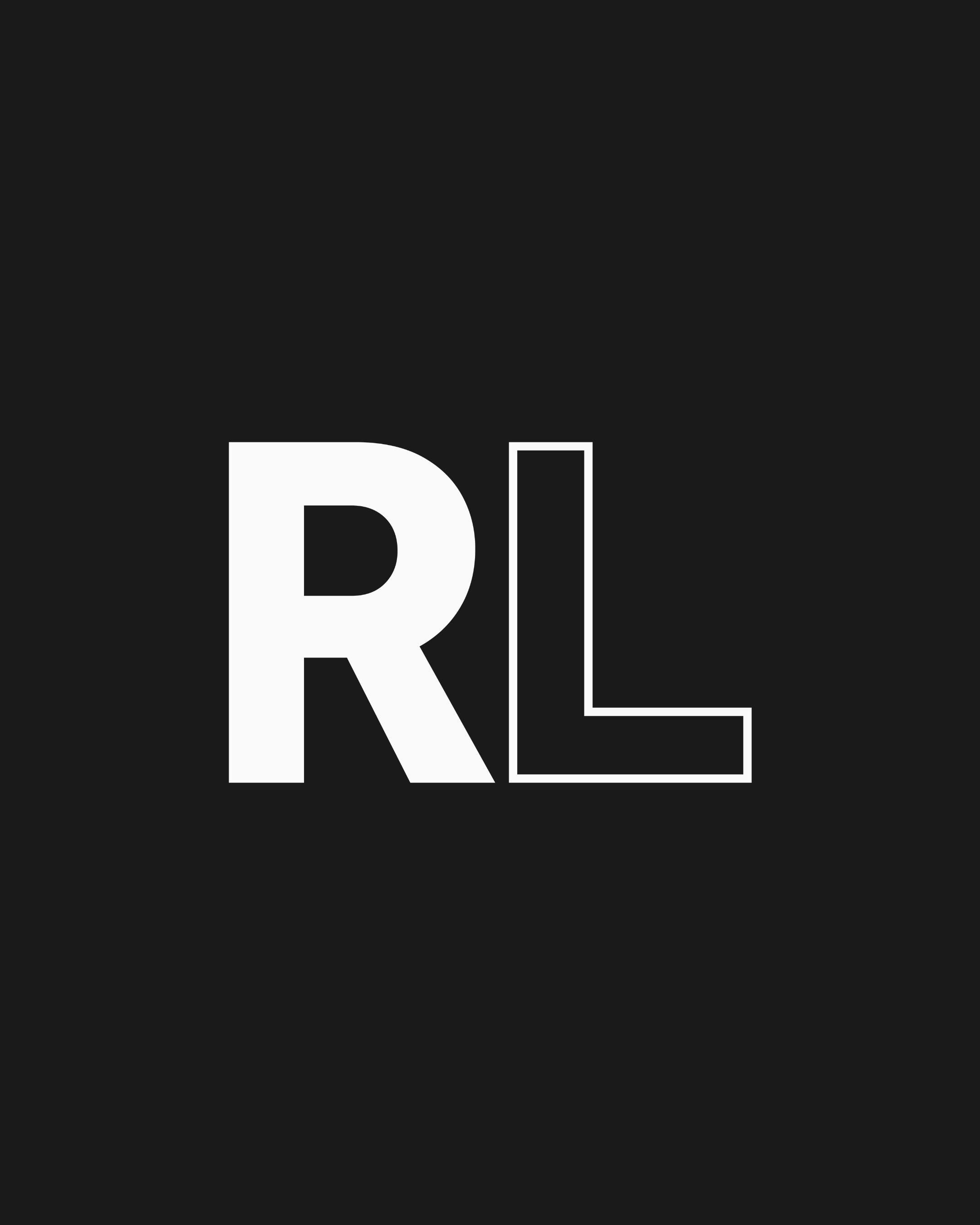 Black background with the partially visible large white letters 'RIL' and a white outline of the letter 'L'.