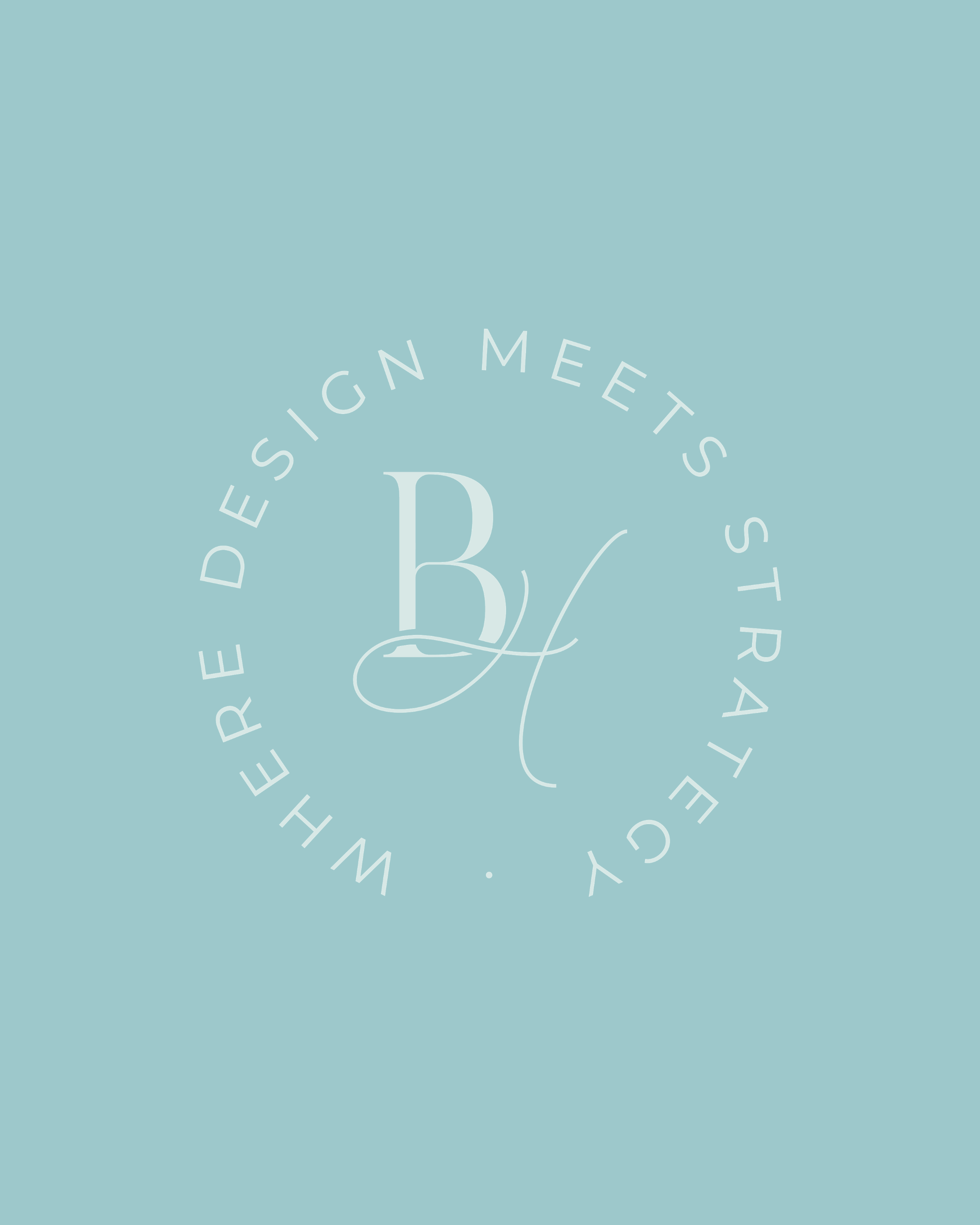 A light blue background with white text arranged in a circular pattern reading "DESIGN MEETS" and stylized initials in the center.