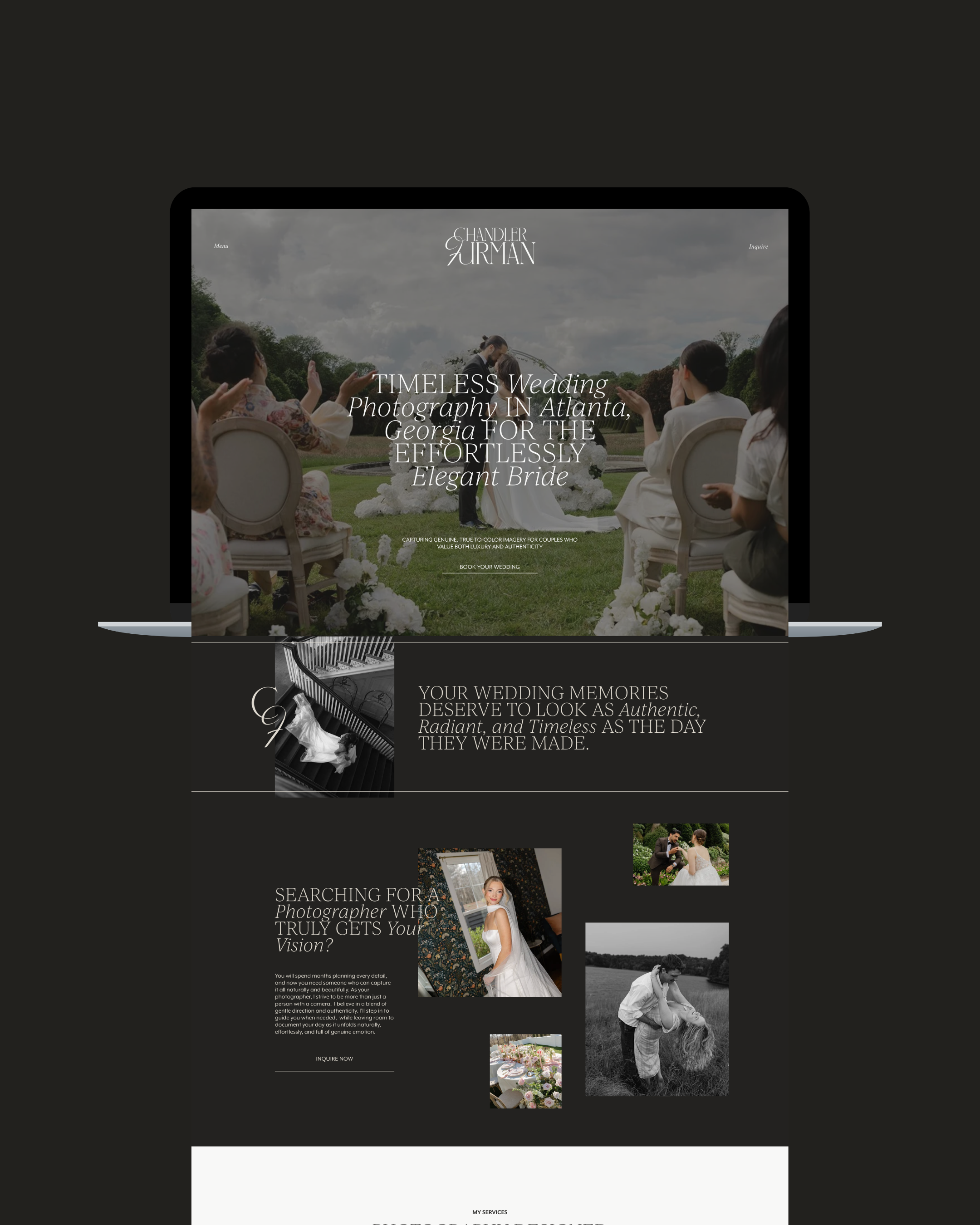 Screenshot of a wedding photography website featuring images of couples at their wedding, with text promoting timeless wedding photography in Atlanta, Georgia, and options to inquire and book services.