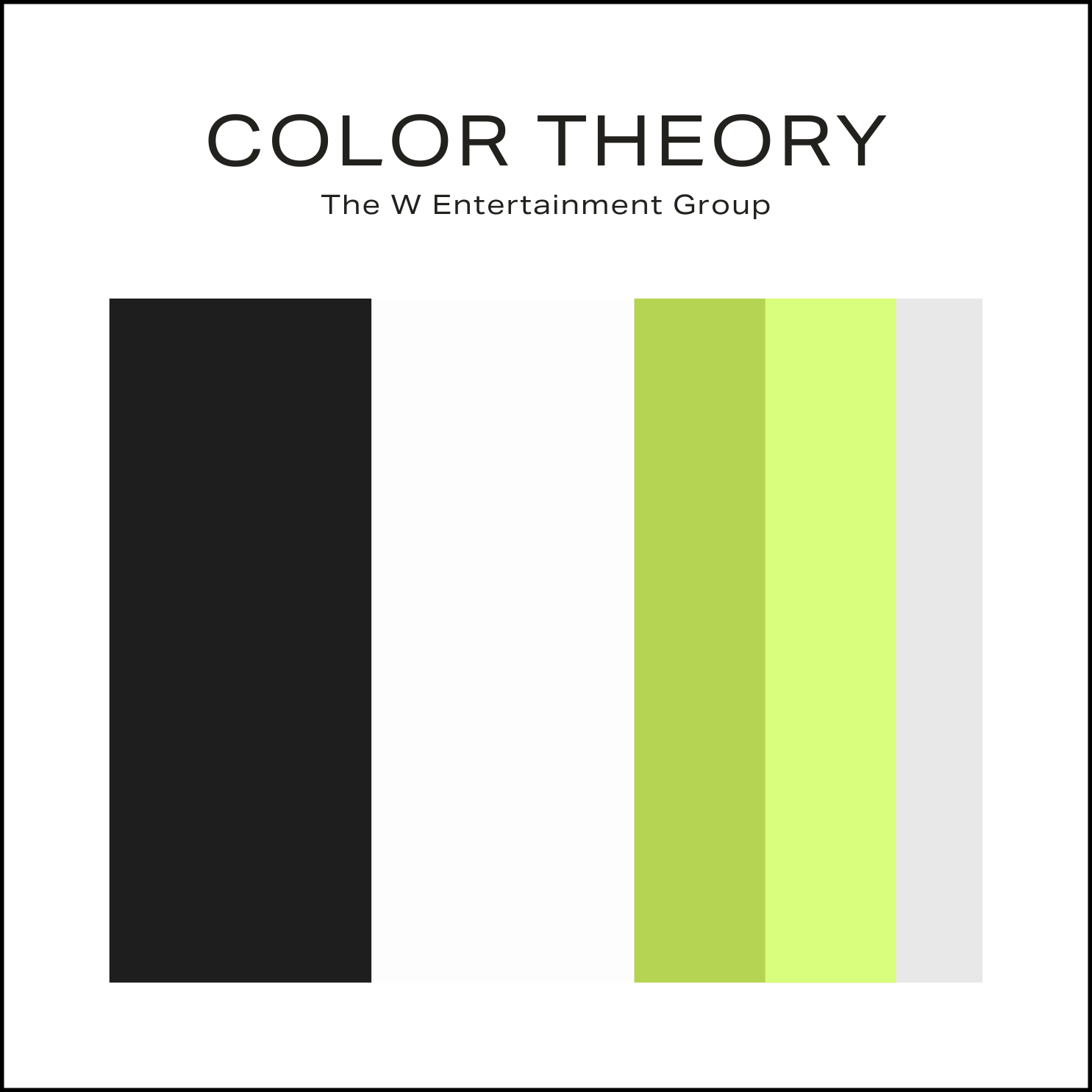 Book cover titled "Color Theory" by The W Entertainment Group, featuring a color palette with black, yellow-green, and light gray vertical stripes on a white background.