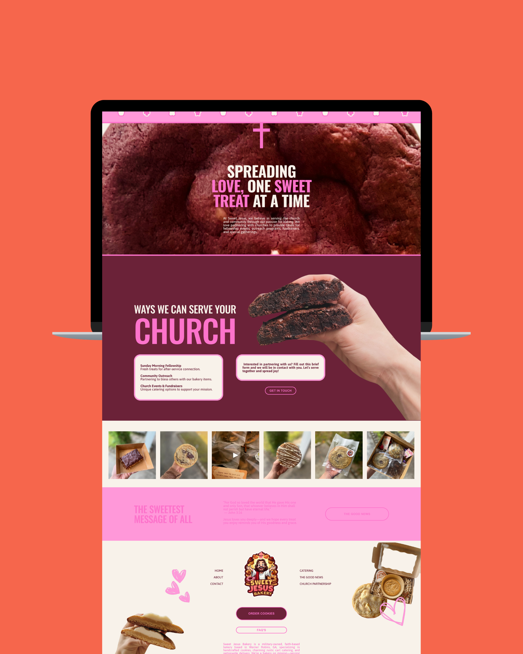 Screenshot of a bakery website titled 'Sweet Jesus Bakery' featuring various cookies, with a central logo of a cartoon Jesus holding baked goods, and pink hearts and bakery items in the design.