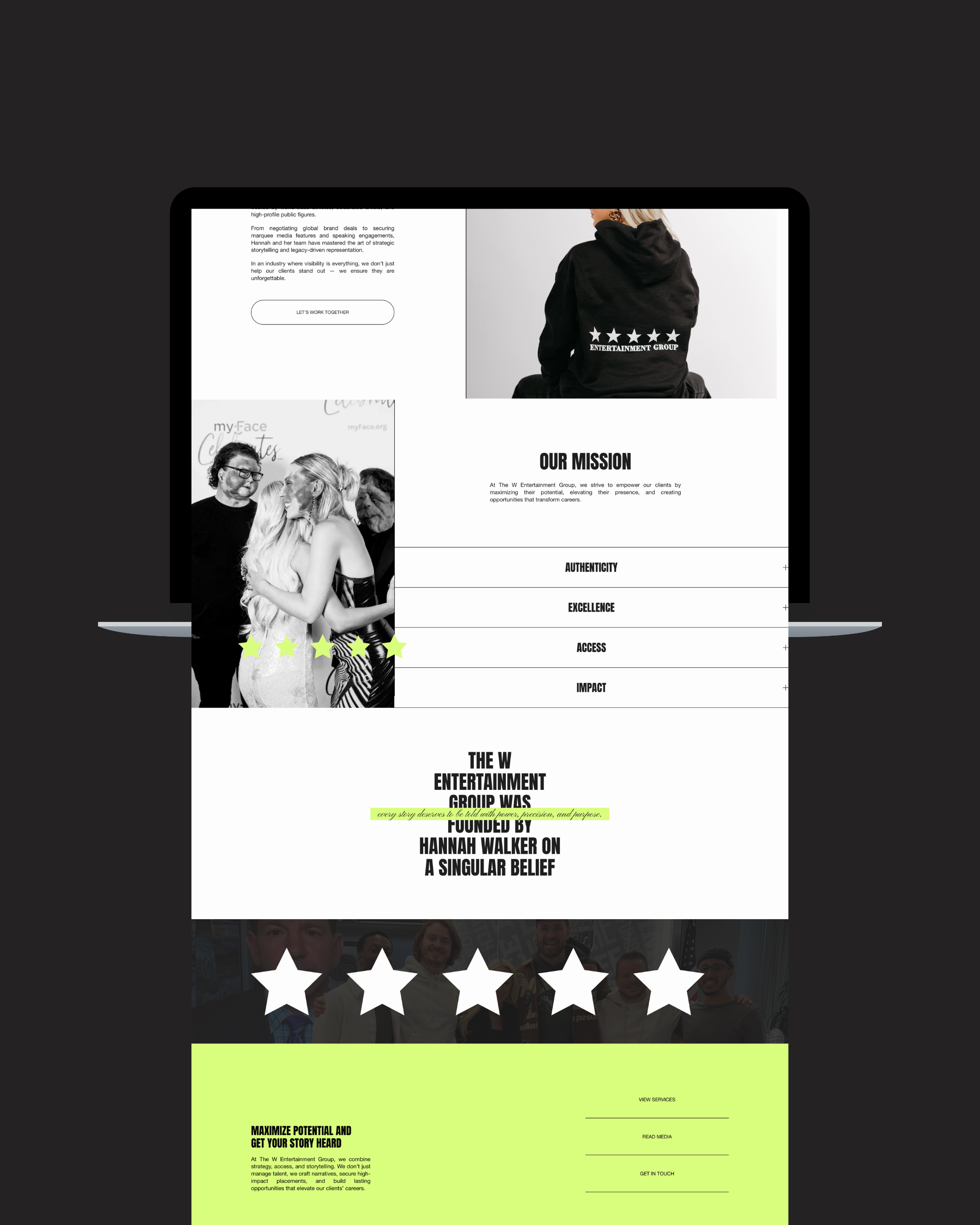 Homepage of a website for the W Entertainment Group, with sections on their mission, authenticity, excellence, access, impact, and services, featuring black-and-white photos of people and a woman wearing a black hoodie with the words "ENTERTAINMENT GROUP" and five stars on the back.