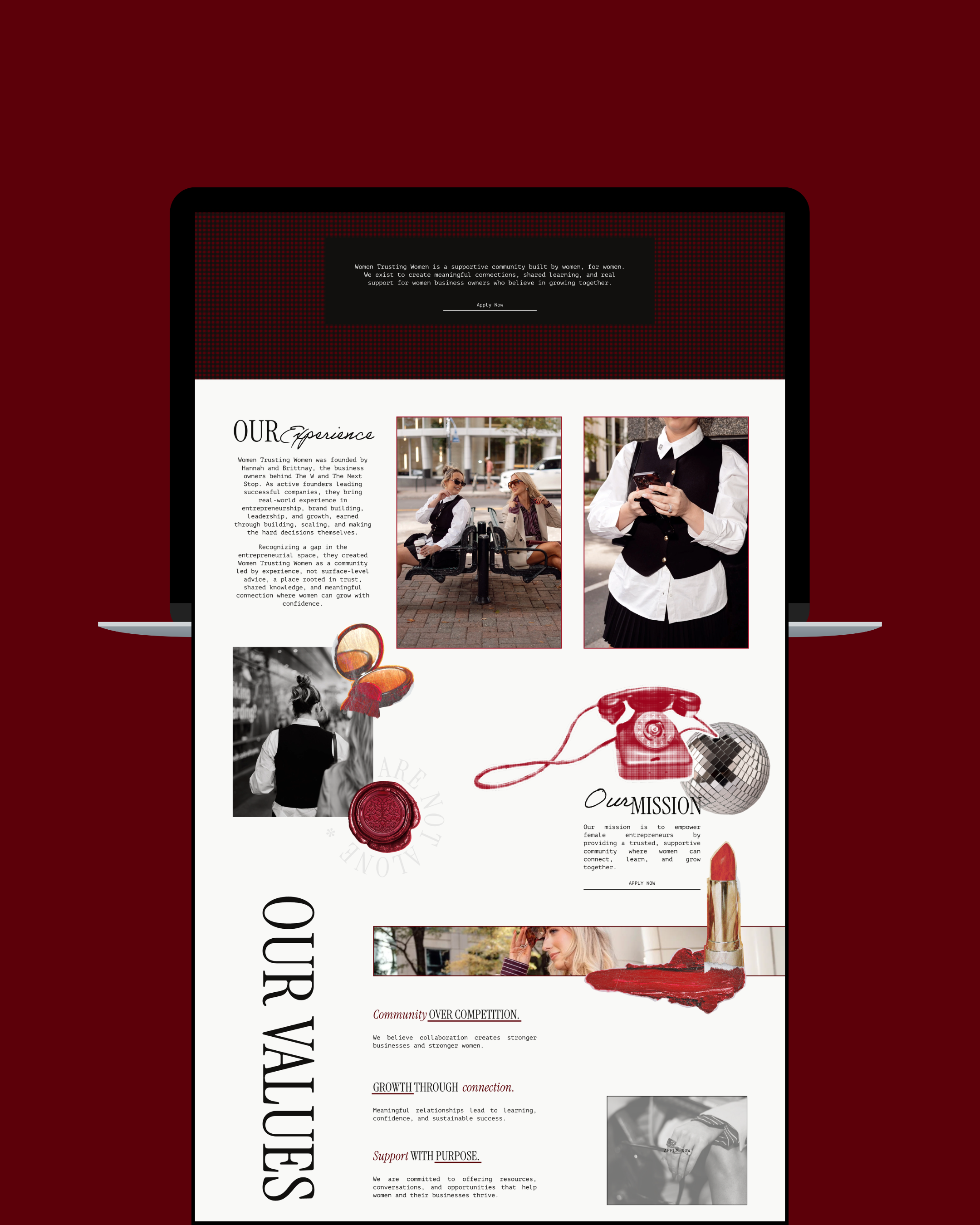 Website homepage for Women Trusting Women, featuring images of diverse women and text about empowerment, community, growth, and support for women entrepreneurs.