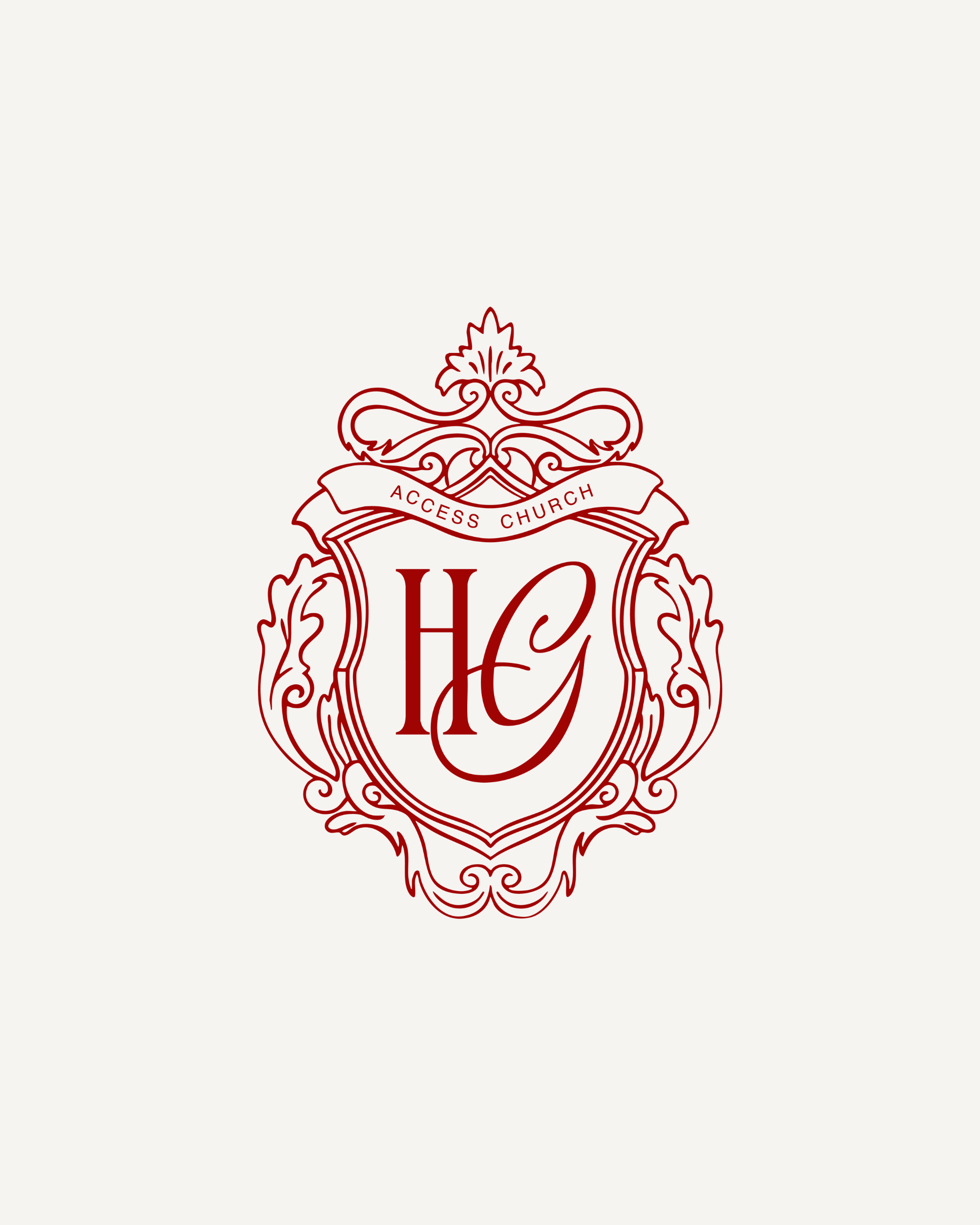 A crest with decorative elements and the words "ACCESS CHURCH" on a banner. The crest contains stylized ornate line work in red on a light background.