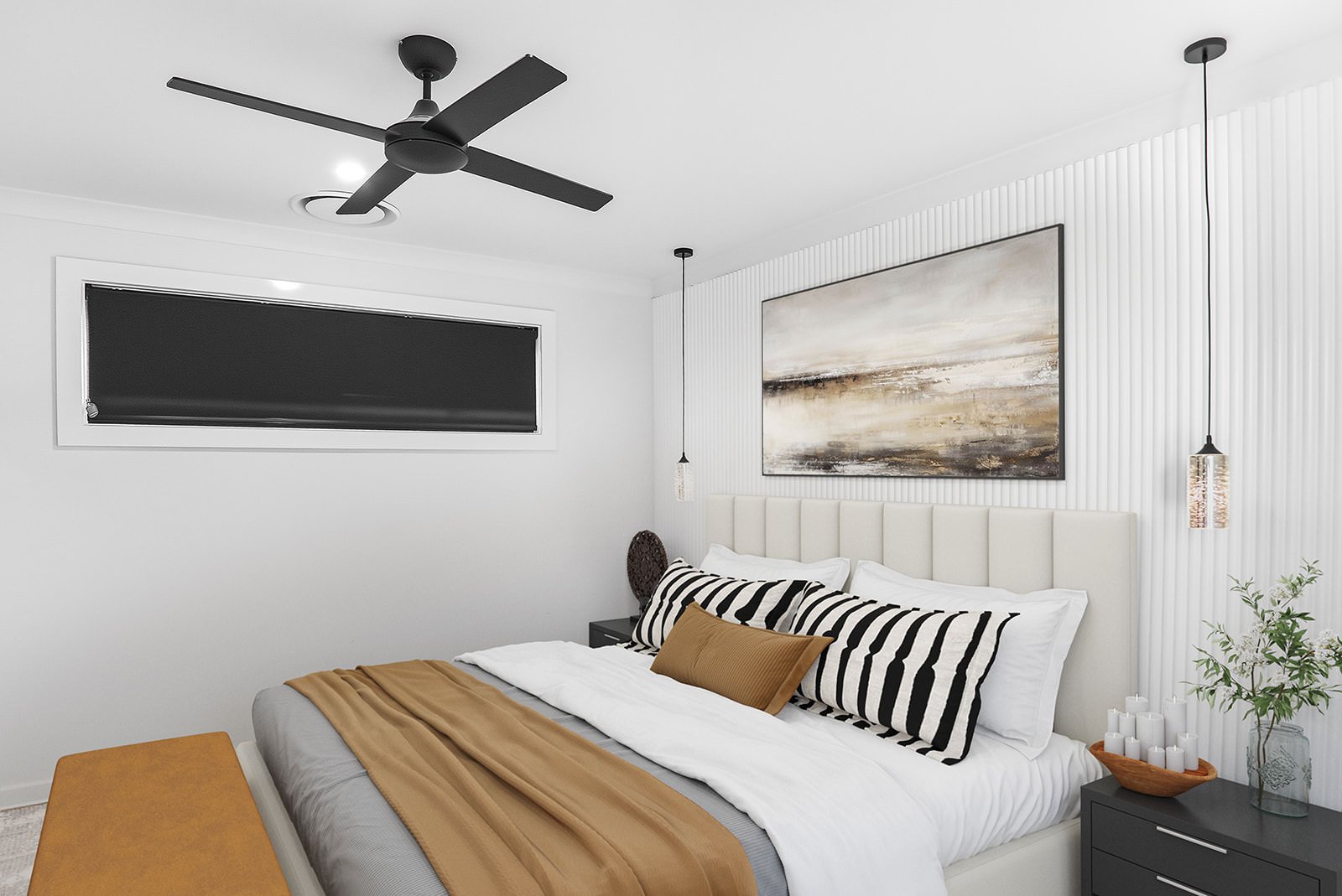 Modern bedroom with white walls, ceiling fan, black window shade, large abstract painting above bed, black nightstand with candles and plant, striped pillows, and tan bedspread.
