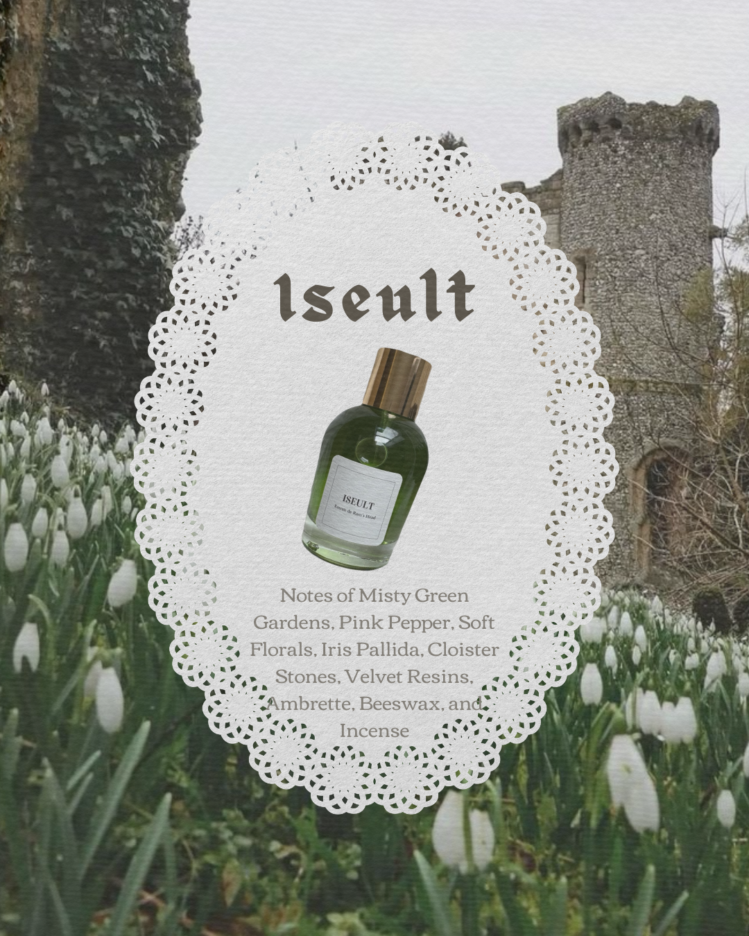 Quiet stone corridors, morning light spilling over garden hedges, the soft flutter of tapestries in a castle chamber. The air is scented with delicate florals, fresh green herbs, whispering incense, and warm, soft resins.

Top Notes: Pink Pepper, Ner