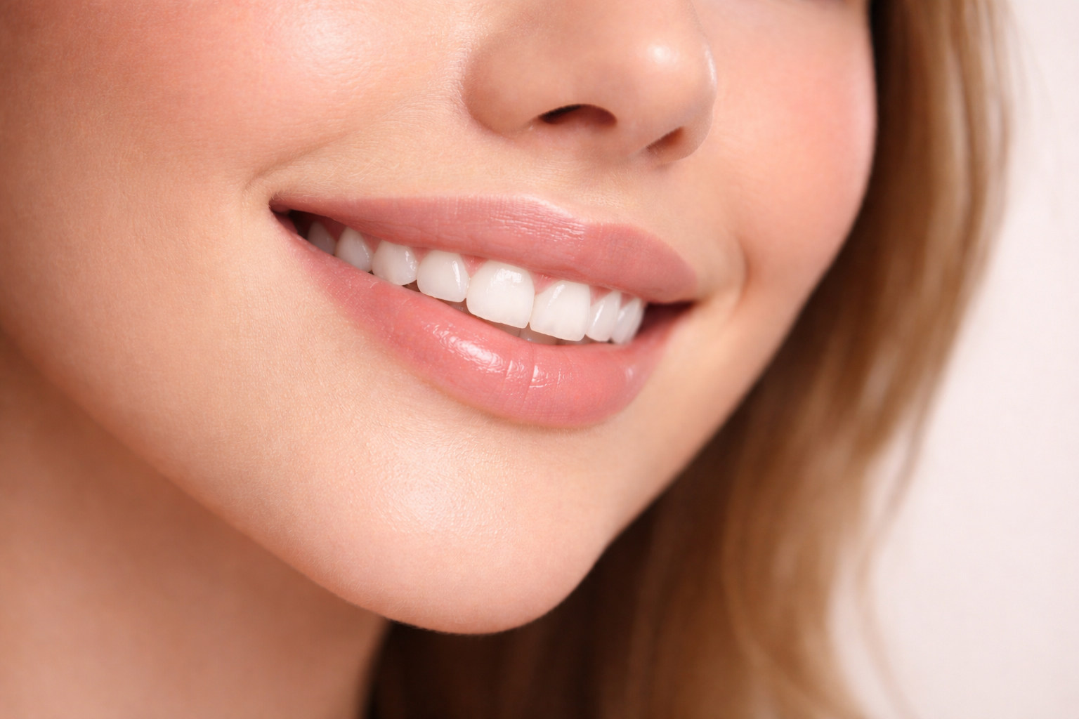 Close-up of a woman's smiling face showing her teeth and lips.