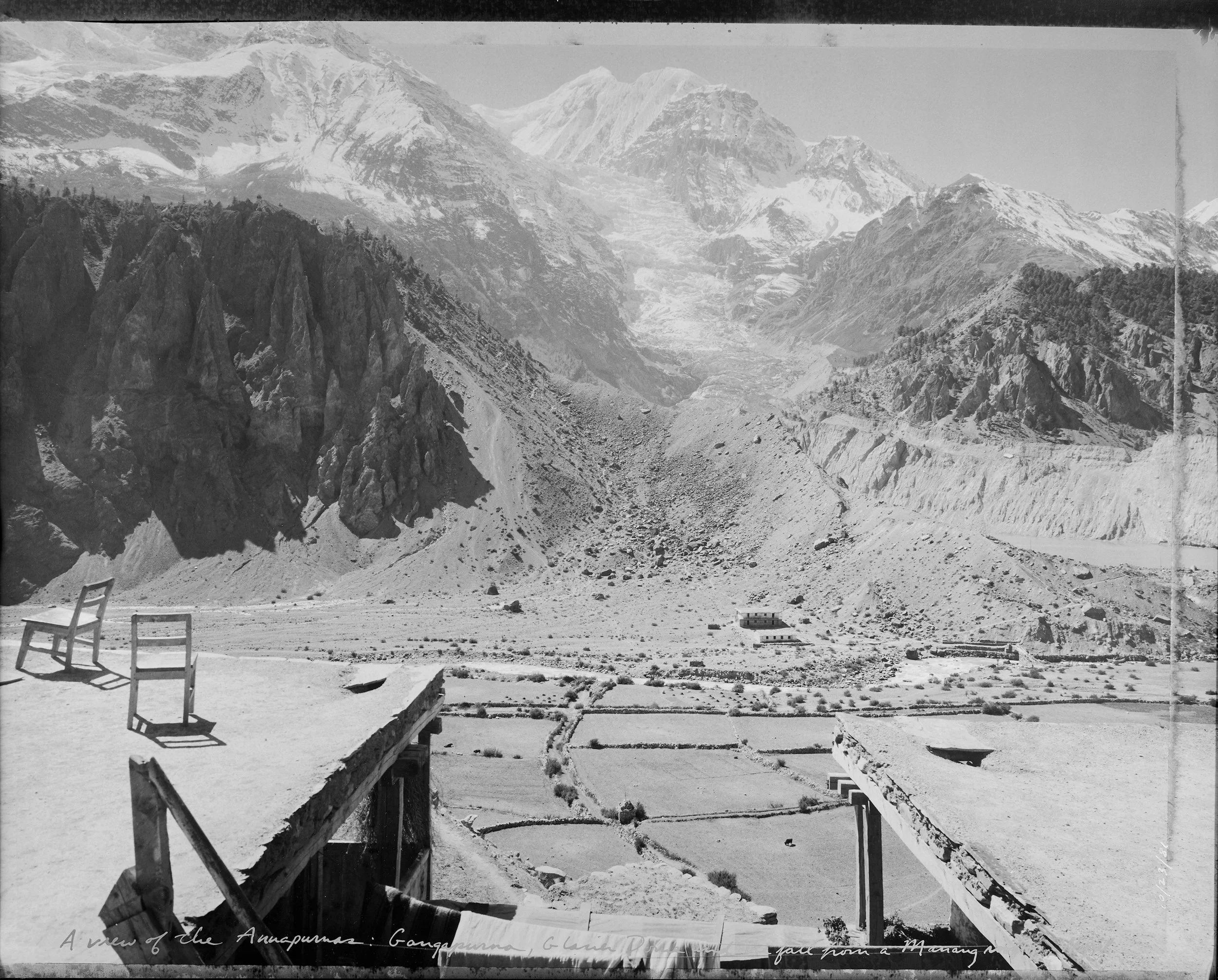  A view of the Annapurnas: Gangapurna, Glacier Dome and ice fall from a Manang rooftop, Nepal.    (10/23/81)