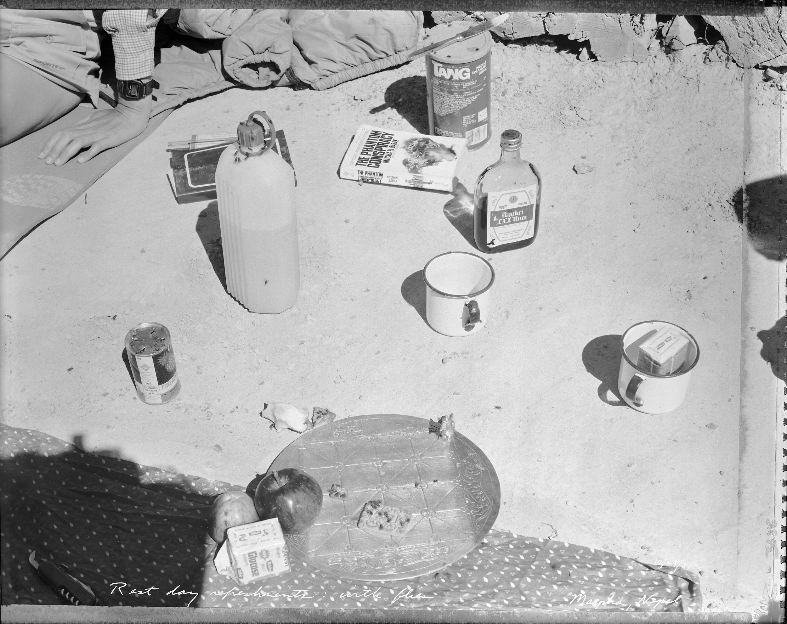  Rest day refreshments, with flies Marpha, Nepal   (10/29/81)