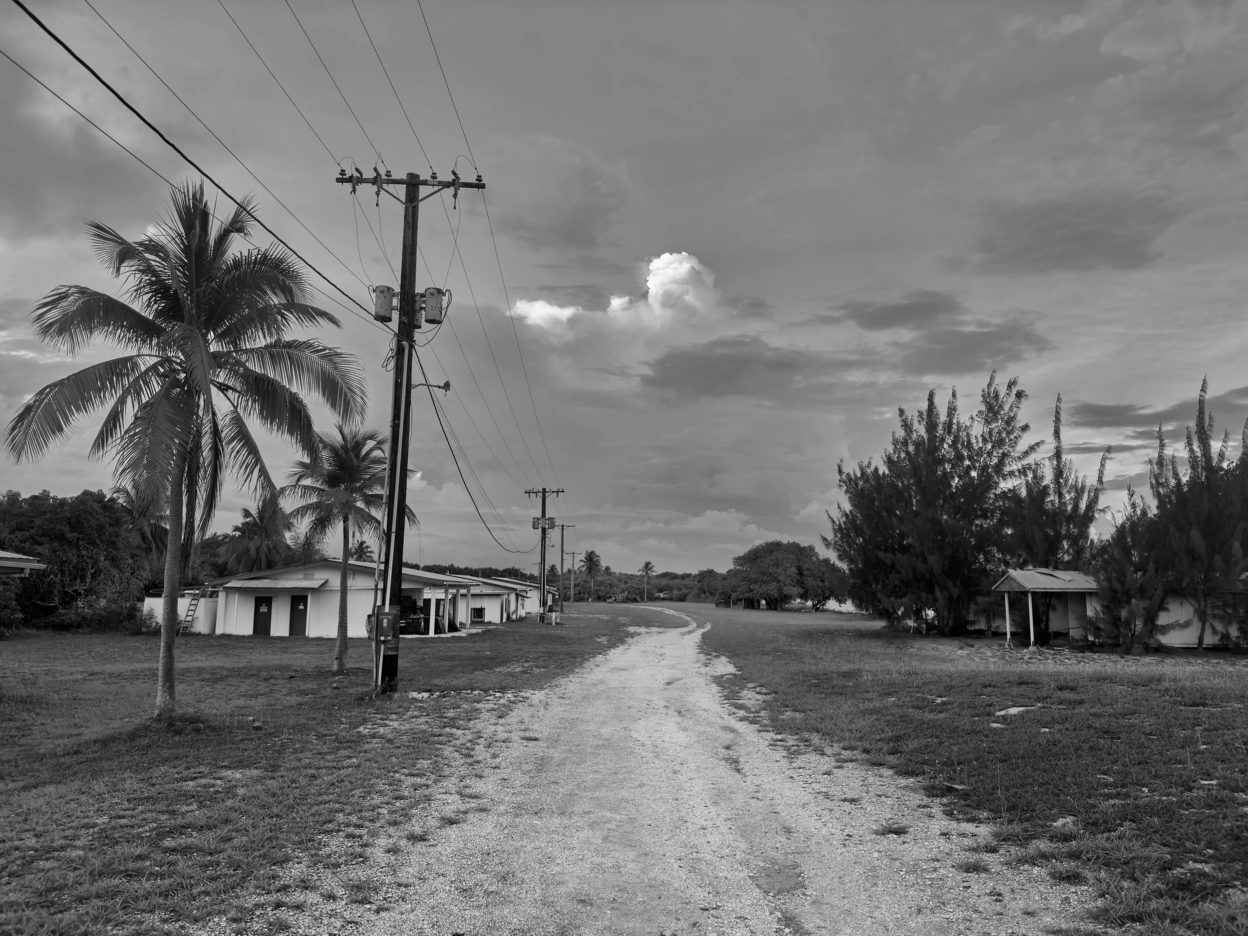 Dirt road leading through the remains of buildings on Bikini. 
