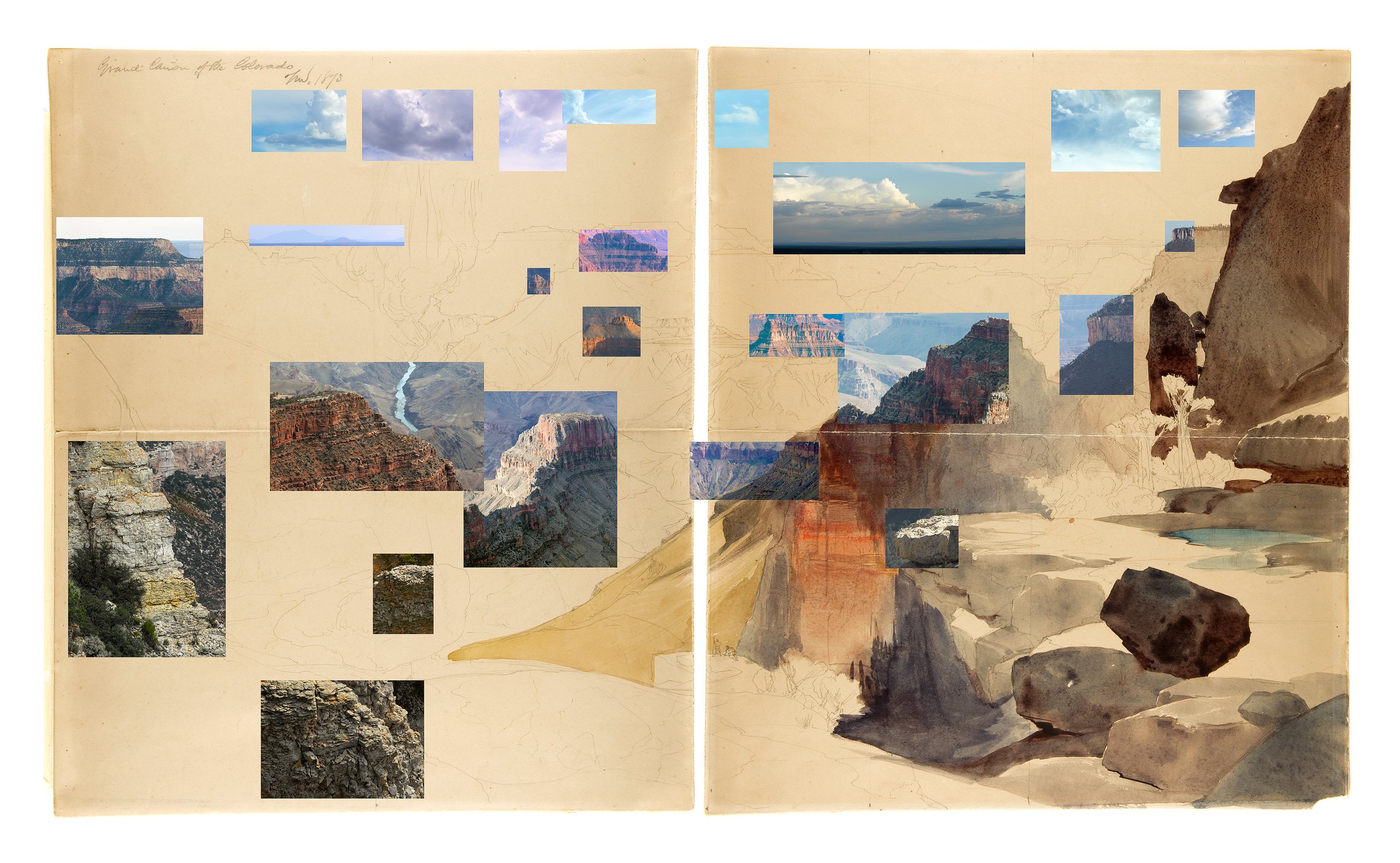 Mark Klett and Byron Wolfe, 2010. All that matched the view of Thomas Moran’s sketch “Grand Cañon of the Colorado” with pieces from Dutton Point, Muav Saddle, and Swamp Point. Back: Thomas Moran, 1873. Grand Cañon of the Colorado. Gilcrease Muse