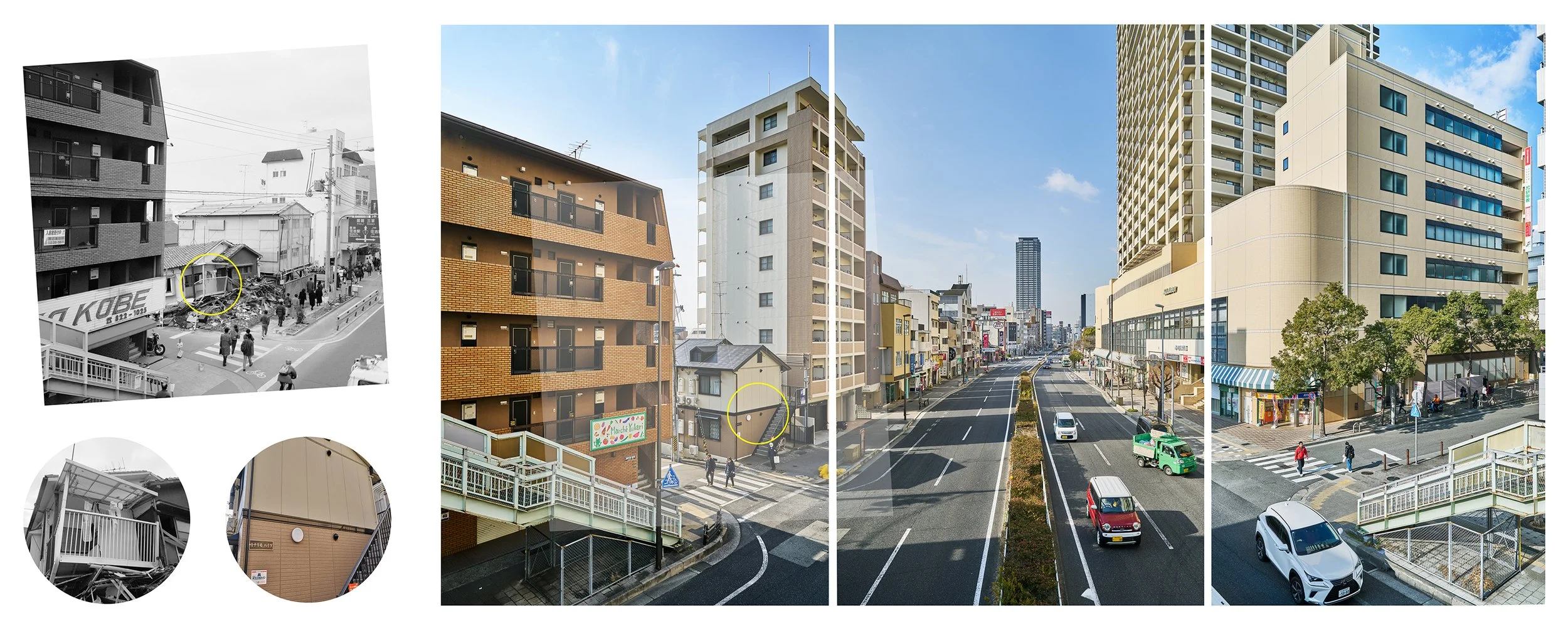  
   View from Sumiyoshi pedestrian overpass above Saigoku Kaido street near Motosumiyoshi shrine , 1-15-26, with details from 1995 of a house since torn down.
  Partial image was taken after the Kobe earthquake on 2-18-1995.
 