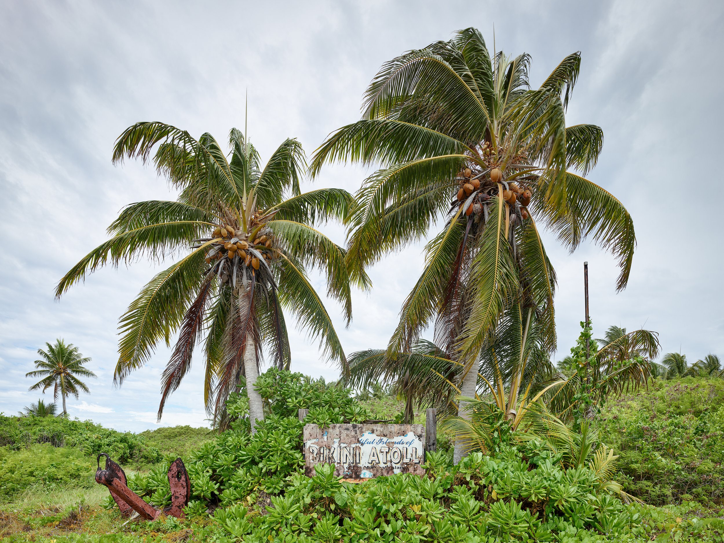  “Welcome to Bikini” sign at the overgrown airstrip on Enue, Bikini Atoll. 