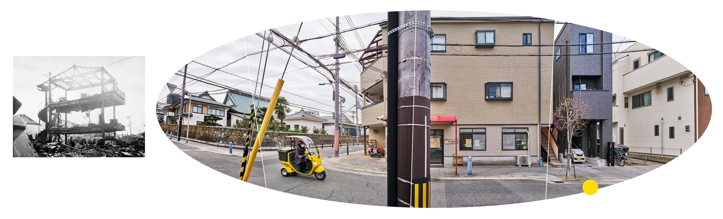  
   
     Building frame destroyed by fire , 1995.
   
   
     Site of building frame, now covered by new structure, Nagata Ku , 1-14-26.
   
 