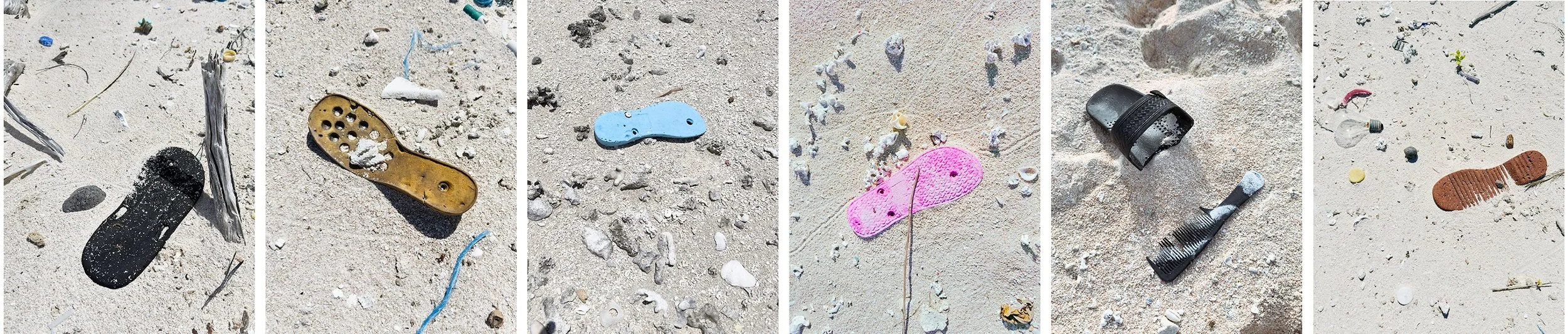  Sandals and shoes found washed up on the beach on the seaward side of Bikini island. 