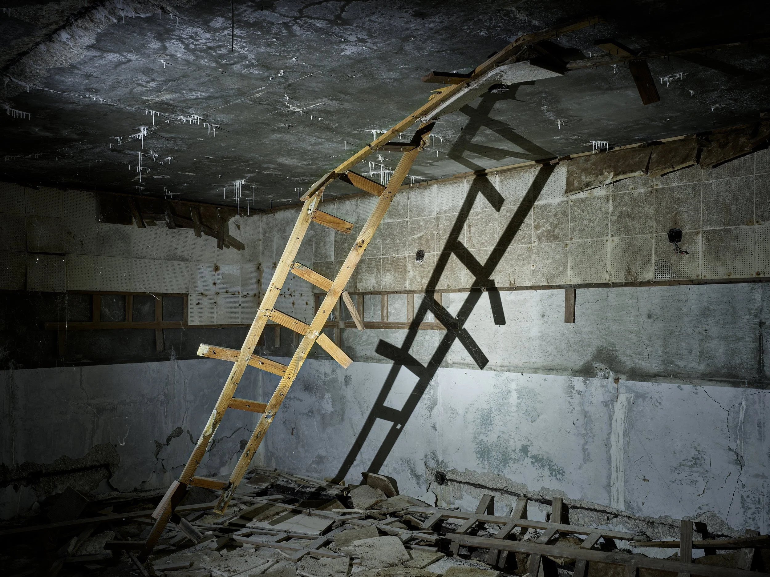  Failing ceiling structure inside a bunker built for monitoring nuclear tests, Bikini island. 
