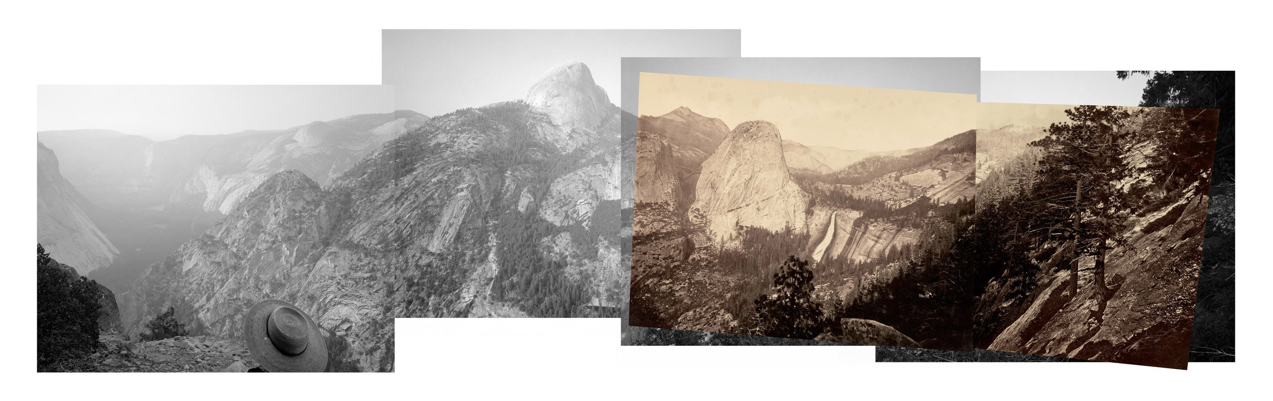 Mark Klett and Byron Wolfe, Four views from "Panorama Rock," an obscure outcrop off the Panorama Cliff Trail: two rephotographs, a speculation on Muybrige's missing plate No. 39, and another photograph added to the left, 2002.