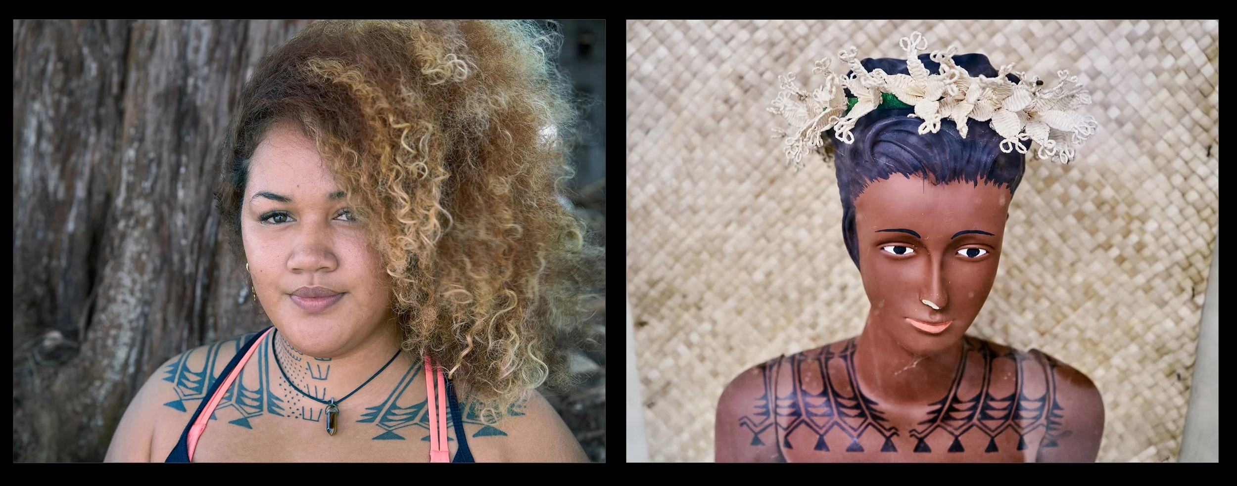  Left: Peji Glad, Jo Jikum tattoo artist with tattoos modeled after a mannequin on display in the National Museum and Archives in Majuro. Right: Mannequin with traditional tattoos, National Museum and Archives, Majuro. 
