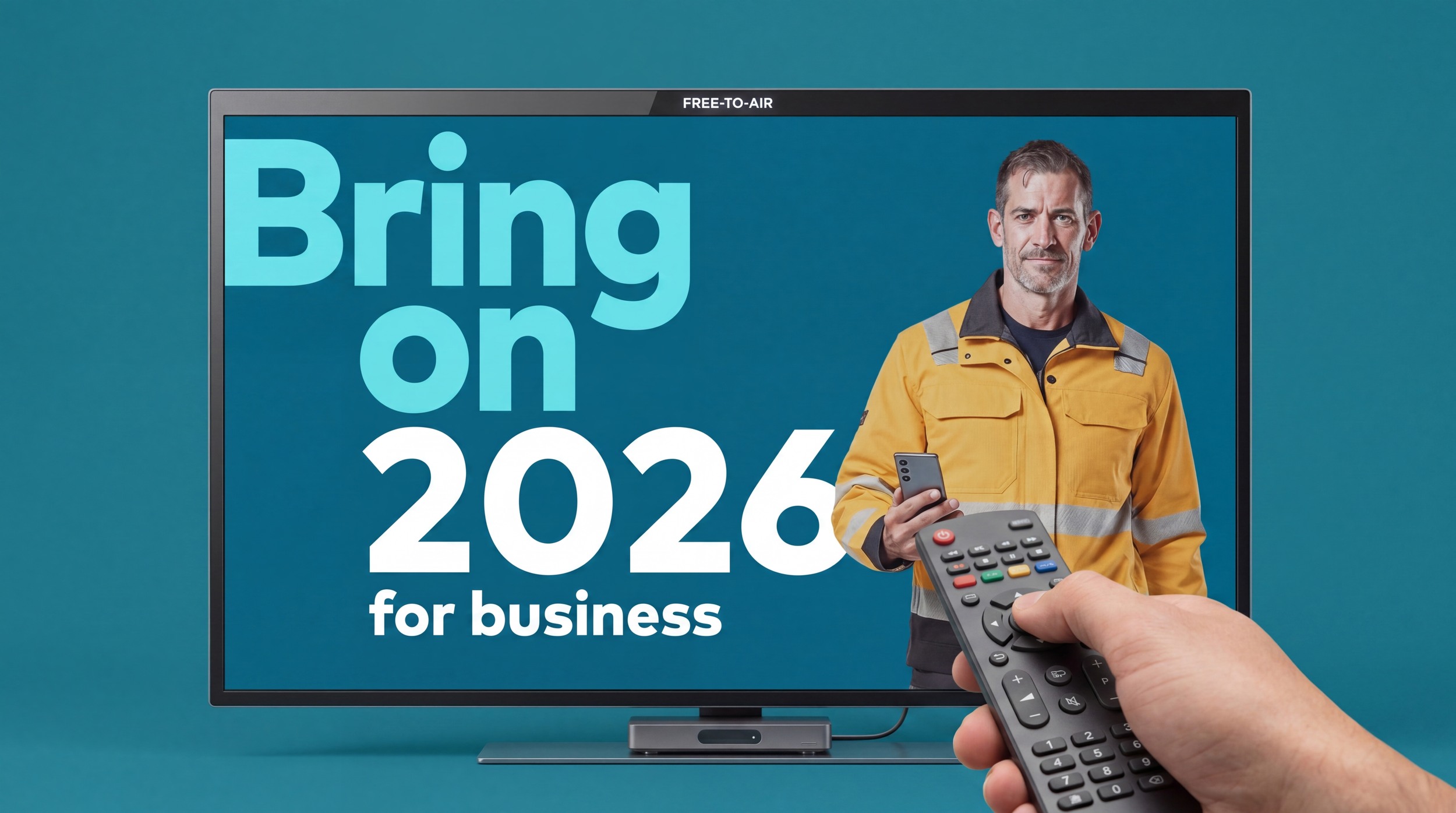 A person holding a TV remote pointing at a television screen displaying a man in a yellow jacket holding a remote, with text about bringing in 2026 for business.