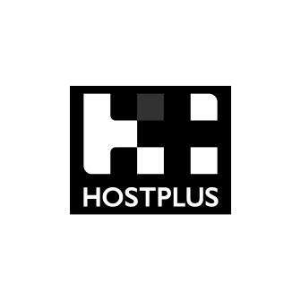 Black and white logo with the word 'HOSTPLUS' beneath a pixelated abstract icon.