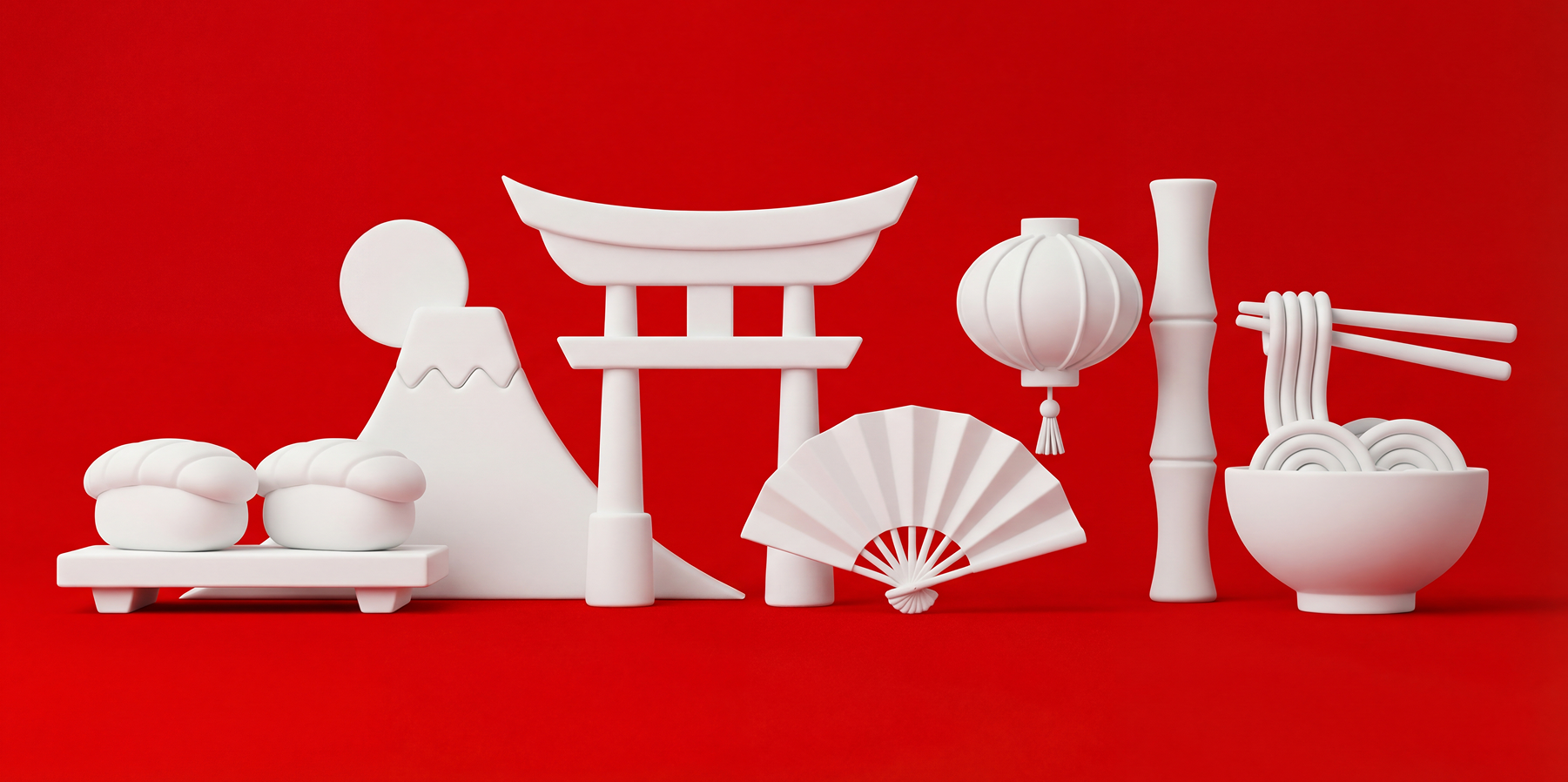 White silhouette of Japanese cultural symbols including Mount Fuji, torii gate, paper fan, paper lantern, bamboo stalk, bowl of noodles, and chopsticks with a red background.
