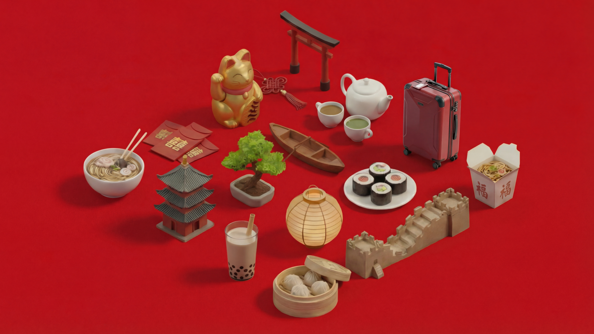 A collection of miniature objects on a red surface, including a bowl of ramen with chopsticks, a Maneki-Neko figurine, a model pagoda, a small tree, a lantern, a teapot with cups, a red suitcase, sushi rolls, a box of ramen, a paper wall, and a cup of bubble tea.