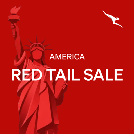 Red background with a stylized Statue of Liberty holding a torch, white text reading 'America Red Tail Sale', and a white bird logo in the upper right corner.