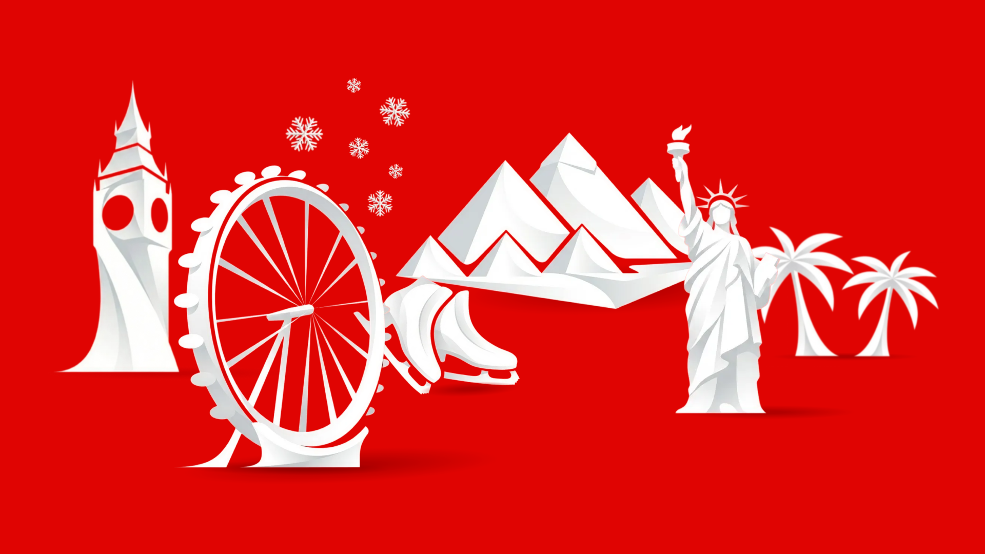 Stylized illustration of iconic landmarks from London, the United States, and other locations, depicted in white against a red background, with elements like Big Ben, the London Eye, Mount Rushmore, the Statue of Liberty, and palm trees.