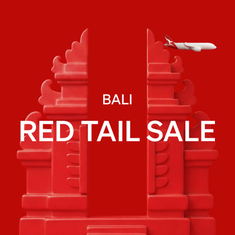 Red temple stairs with text 'BALI RED TAIL SALE' and an airplane flying above.
