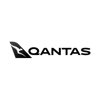Qantas logo with the brand name and black kangaroo symbol on a white background.